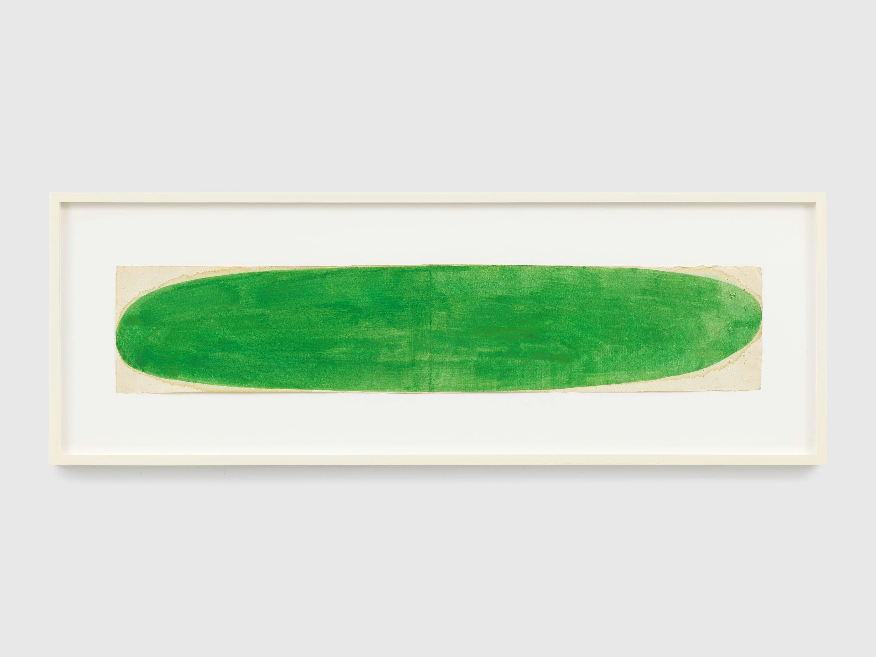 A watercolor on paper by Suzan Frecon, titled vivid green composition on a long format, dated 2016,