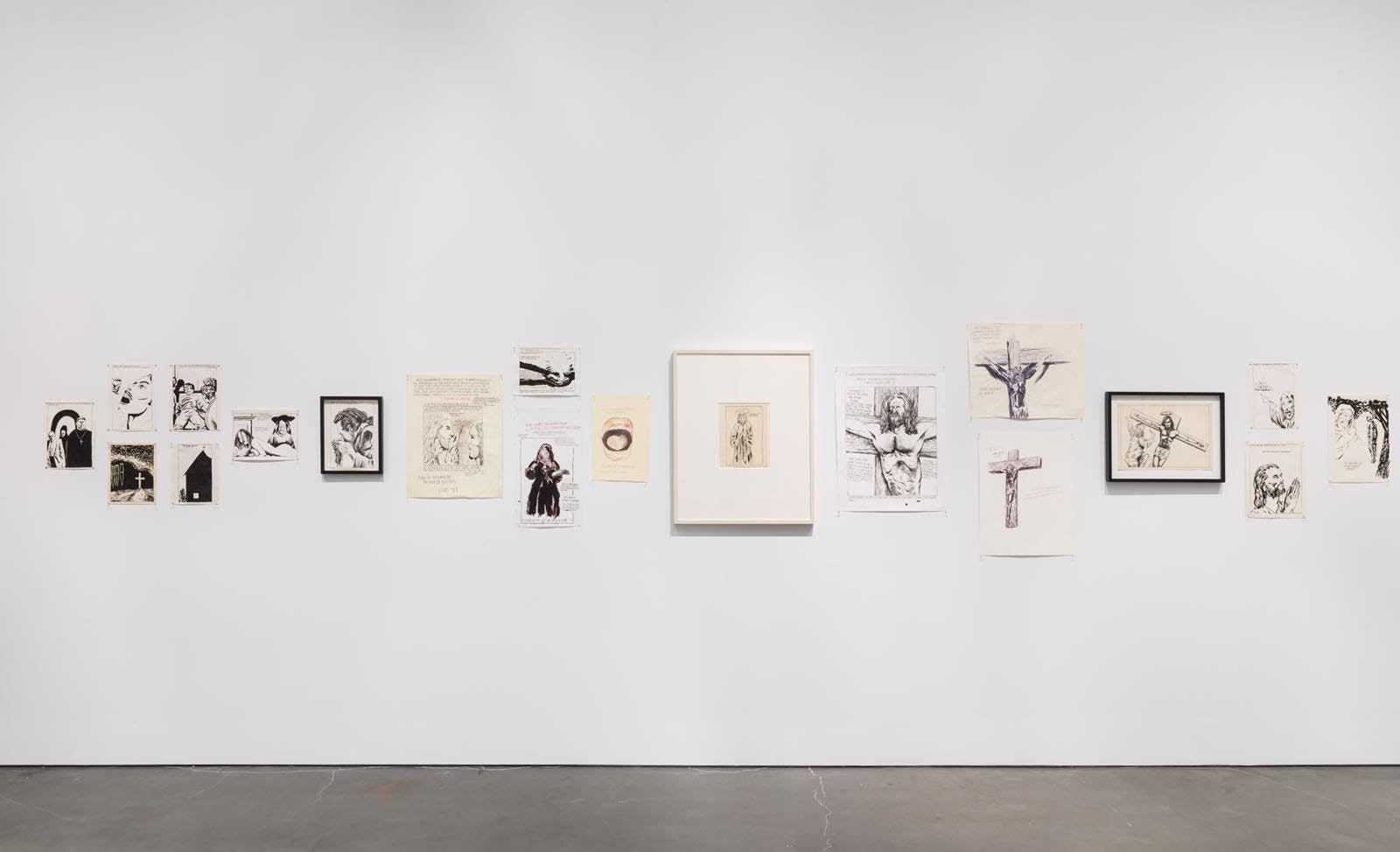 Installation view of¬†the exhibition Raymond Pettibon: A Pen of All Work,¬†at the New Museum in New York, dated 2017.