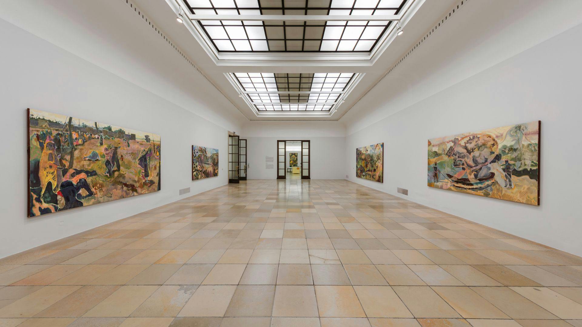 Installation view of the exhibition, Michael Armitage: Paradise Edict, at Haus der Kunst in Munich, dated 2020.