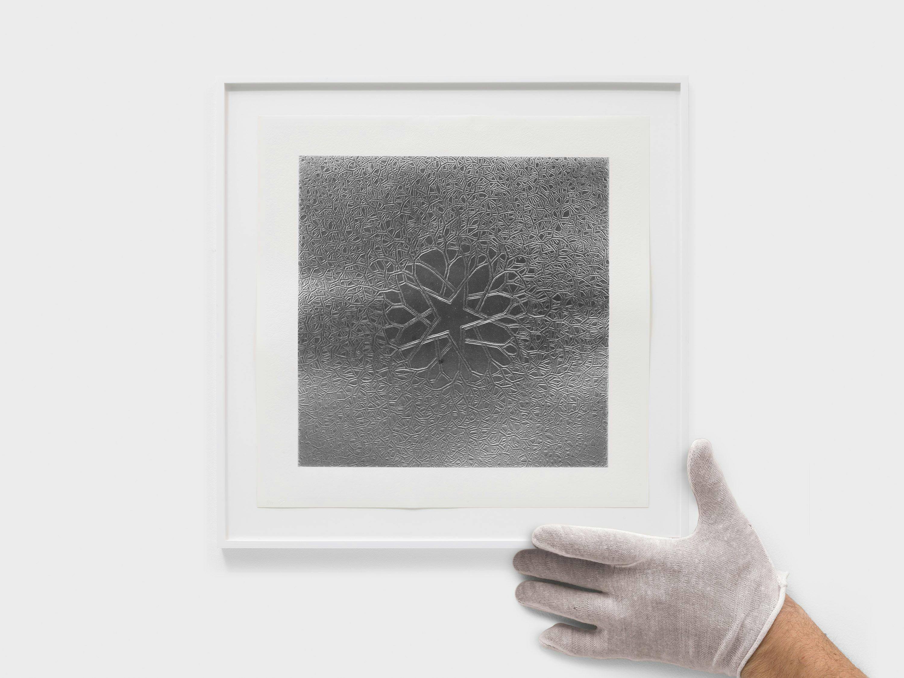 A print by Ruth Asawa, titled Untitled (P.002-I Tied-Wire Sculpture Drawing with Five-Pointed Center Star, Embossed [Silver]), dated 1973.