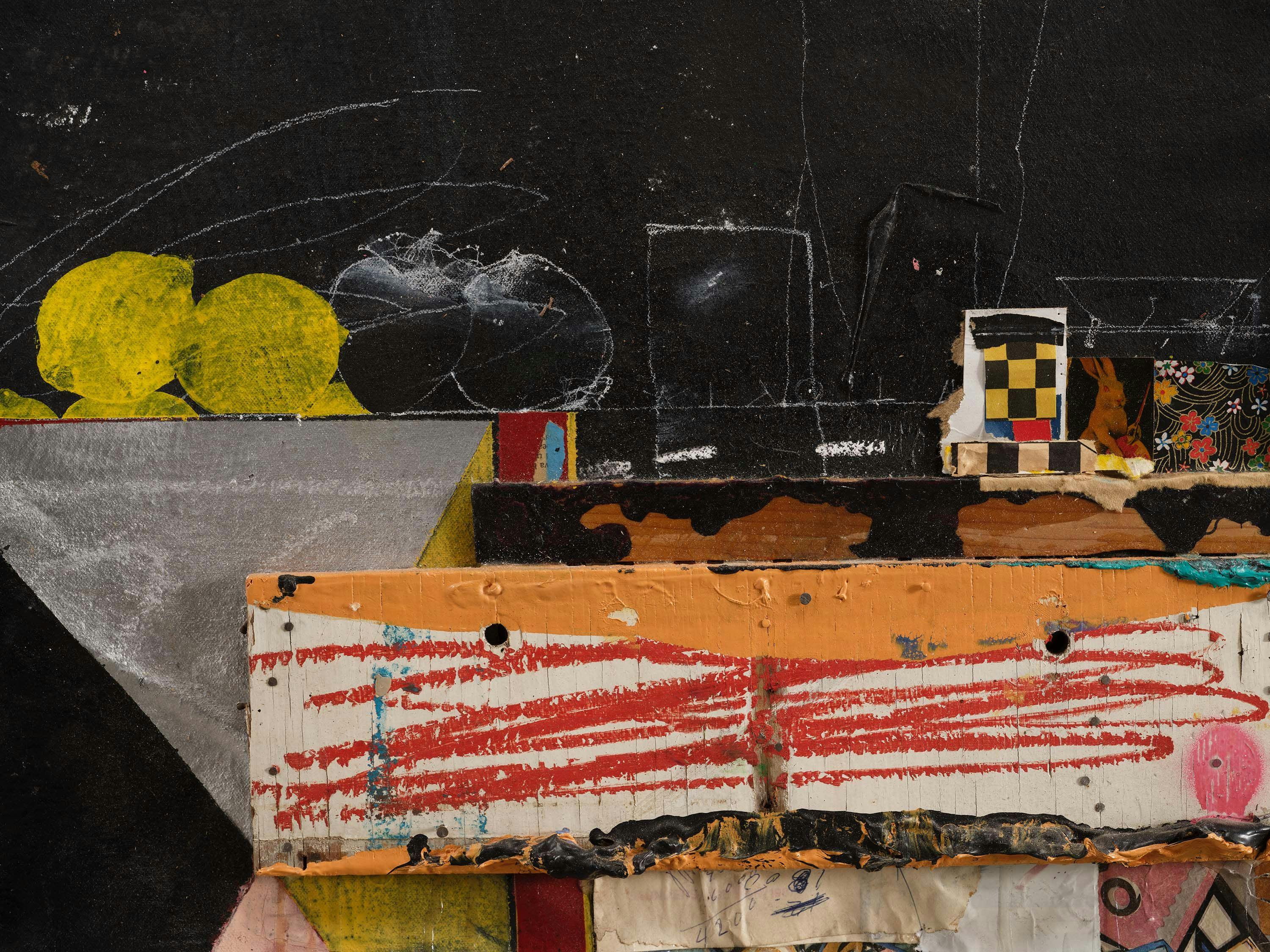 A detail from a mixed media artwork by Raymond Saunders, titled Jacob Lawrence, Romare Bearden, American Painting, dated 1988.