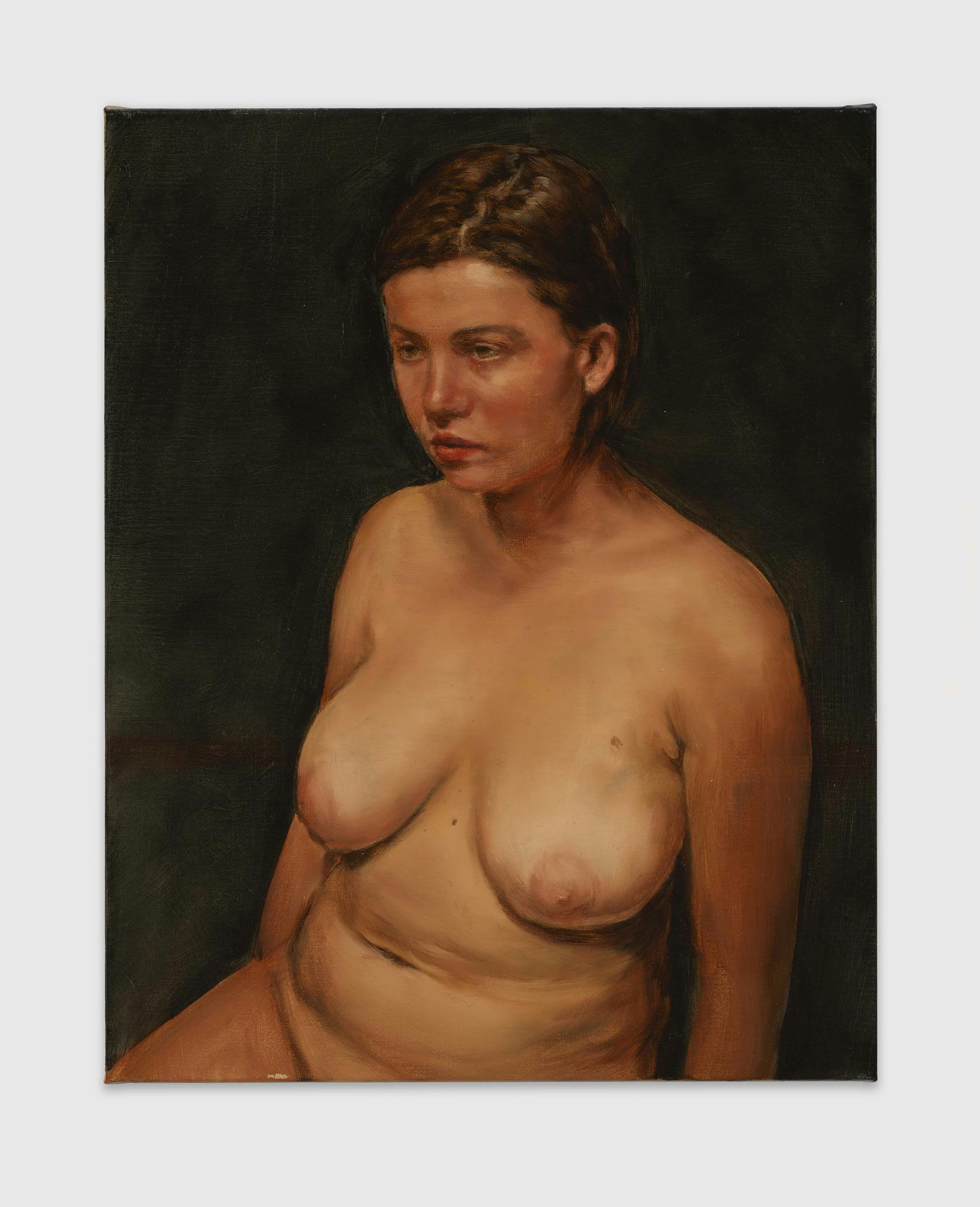 A painting by Michaël Borremans, titled Seated Nude, dated 2022.