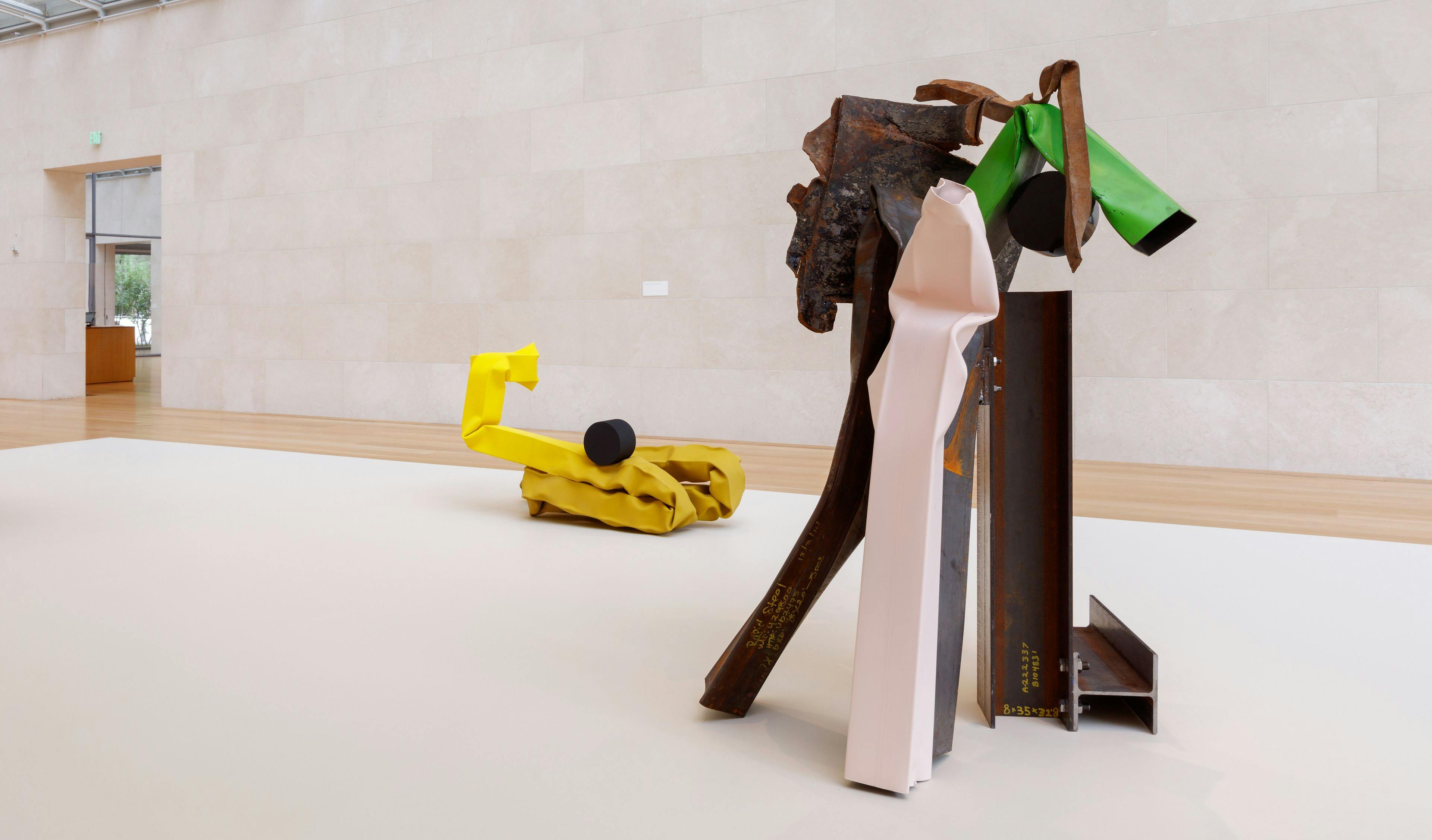 Installation view of the exhibition, Carol Bove: Collage Sculptures, at the Nasher Sculpture Center in Dallas, Texas, dated 2021.