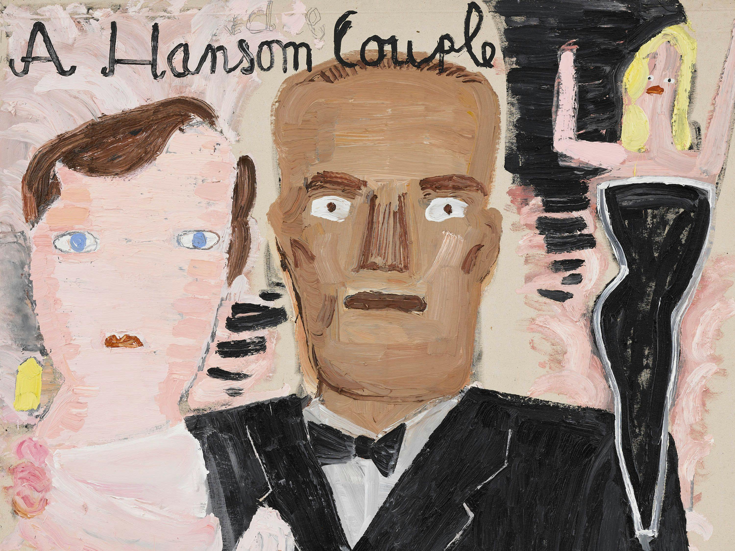 A detail from a painting by Rose Wylie, titled A Handsome Couple, dated 2022.