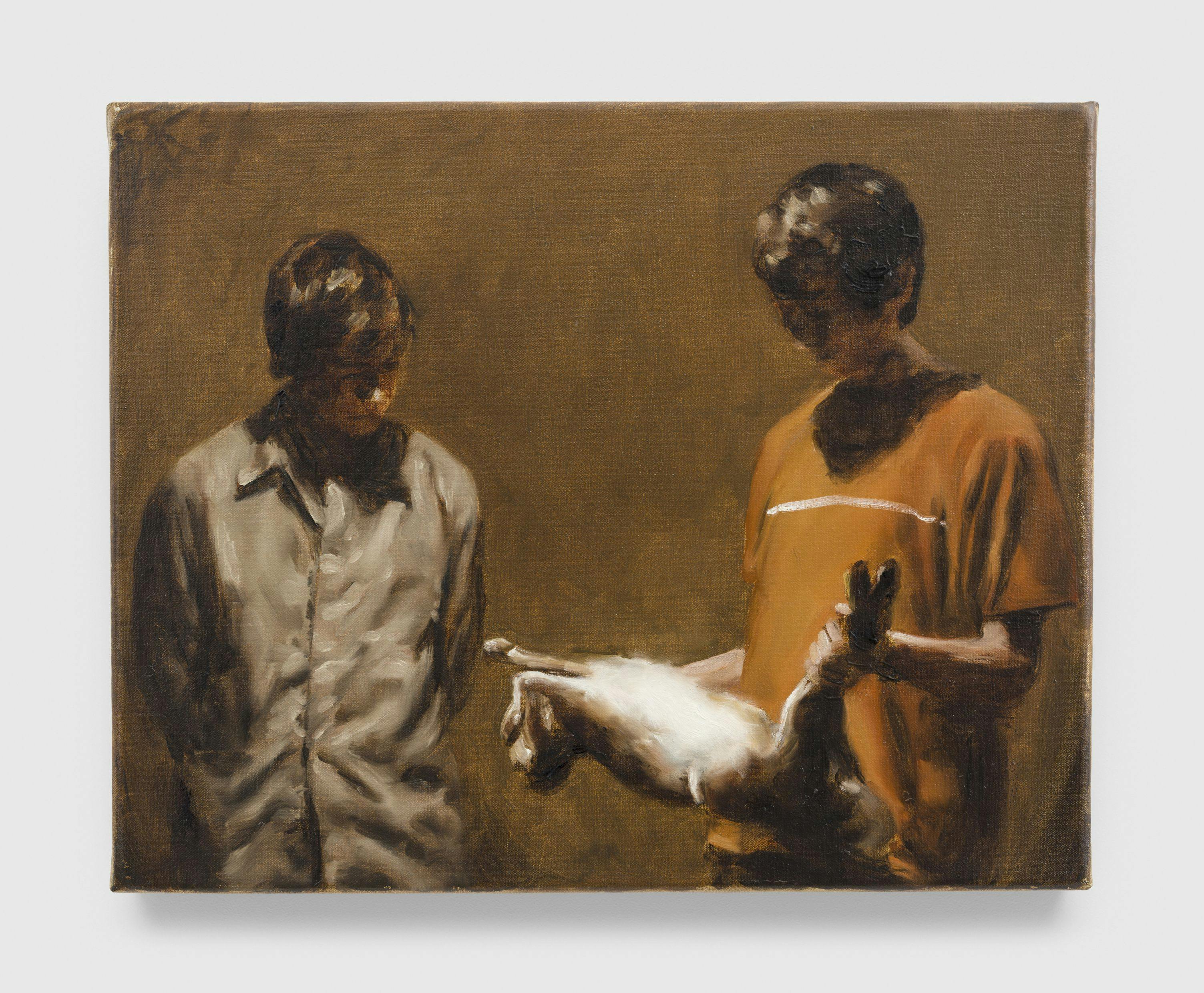 A painting by Michaël Borremans, titled The Hare, dated 2005.
