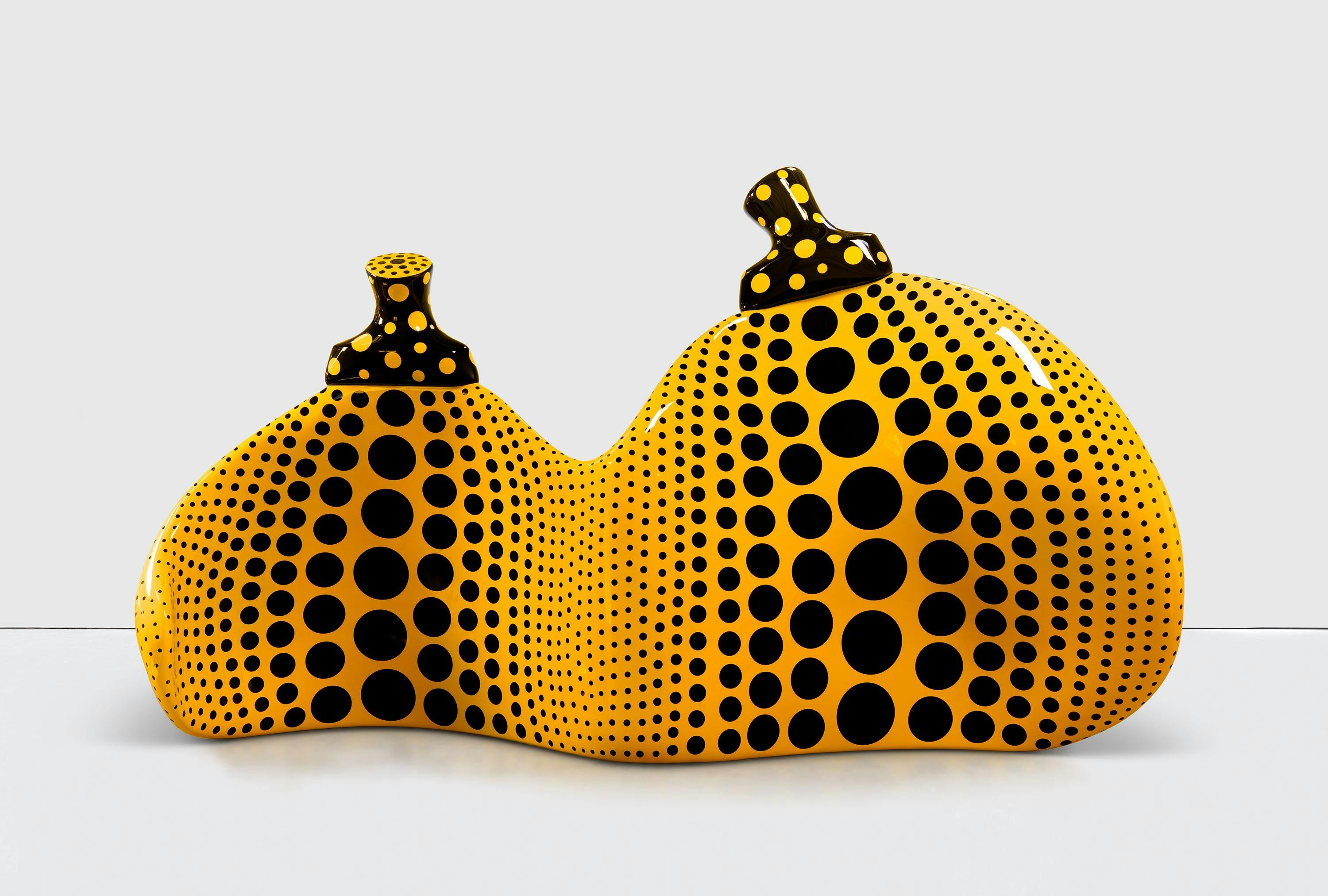 A bronze and urethane paint sculpture by Yayoi Kusama, titled Aspiring to Pumpkin’s Love, the Love in My Heart, dated 2023.
