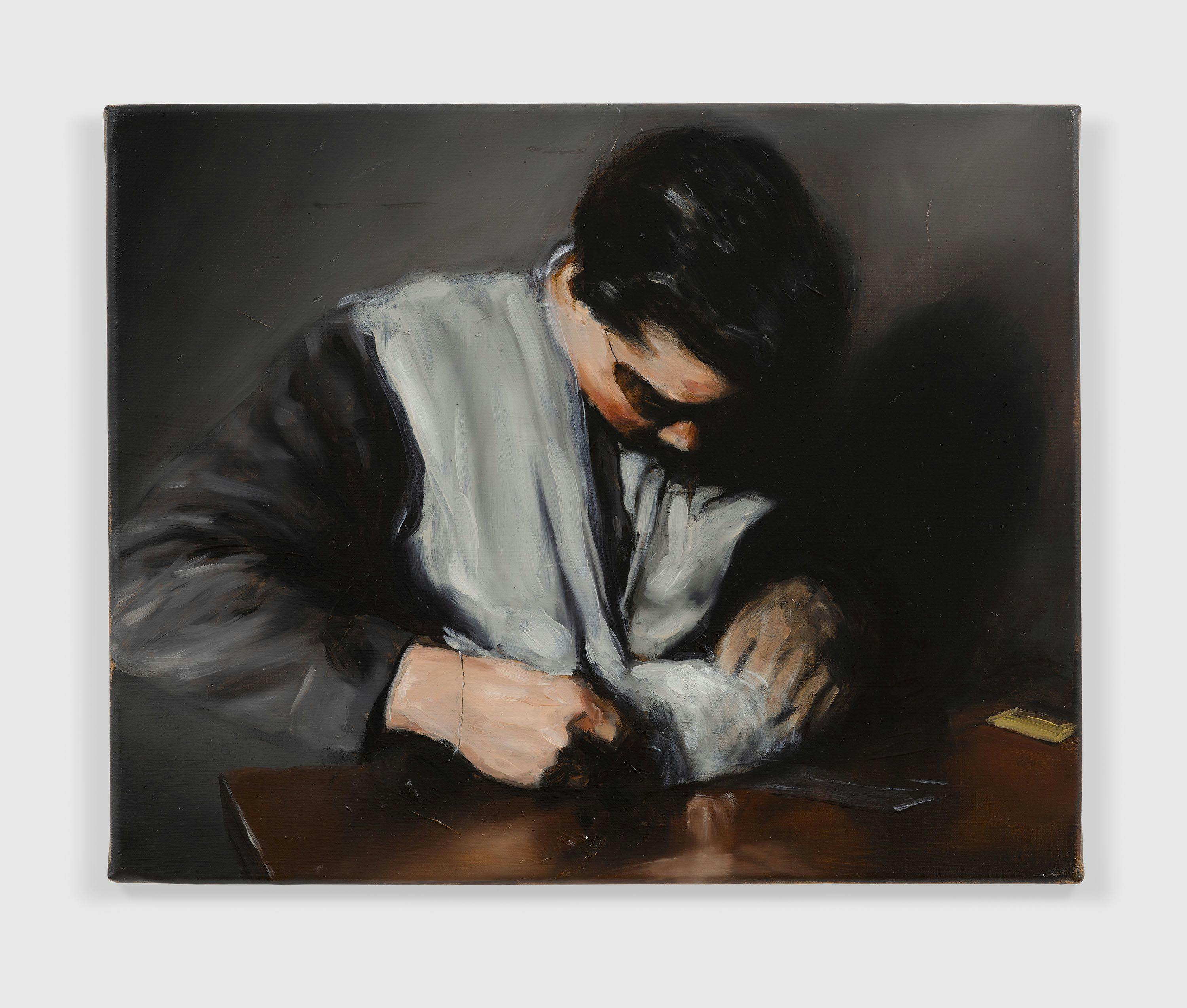 An oil on canvas painting by Michaël Borremans, titled The Villain, dated 2013.