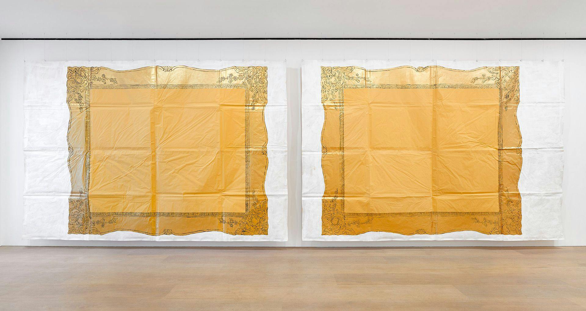 An installation view of an exhibition titled, Maxwell Alexandre, Pardo é Papel: Close a door to open a window, at David Zwirner London in 2020.