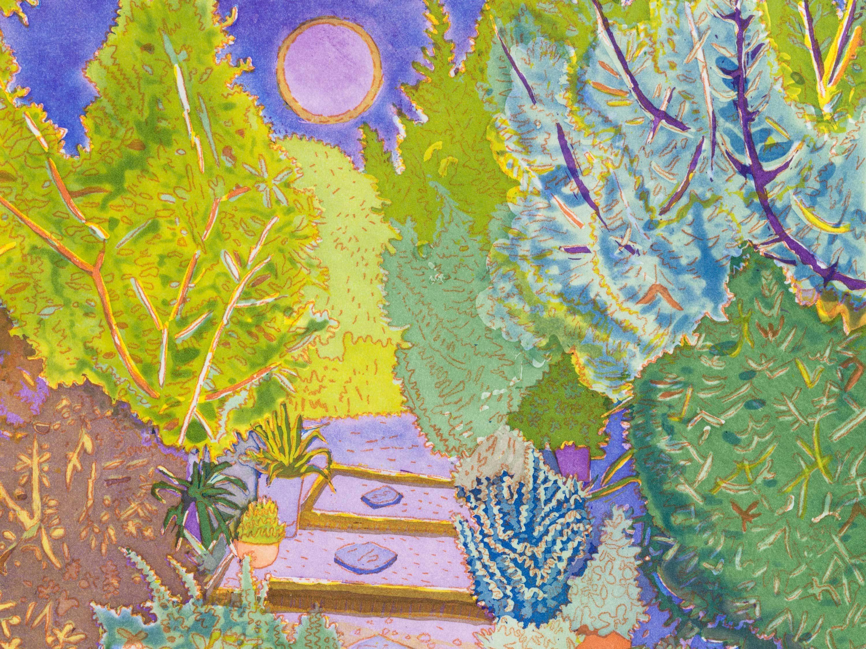 A detail from a print by Hayley Barker, titled New Yard, Elysian Heights, dated 2023.