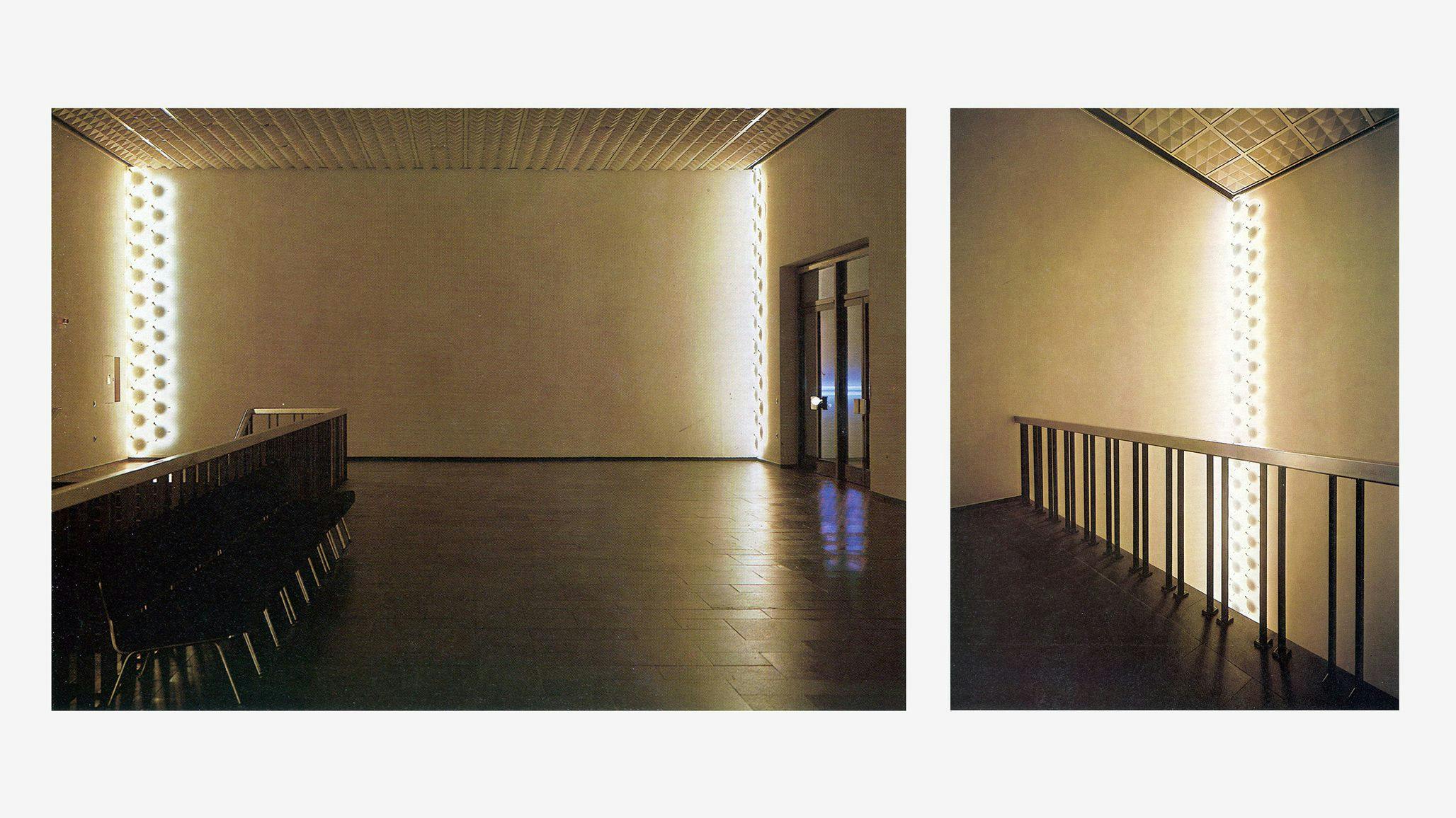 Installation view, Dan Flavin: three installations in fluorescent light, Kunsthalle Köln, Cologne, 1973.