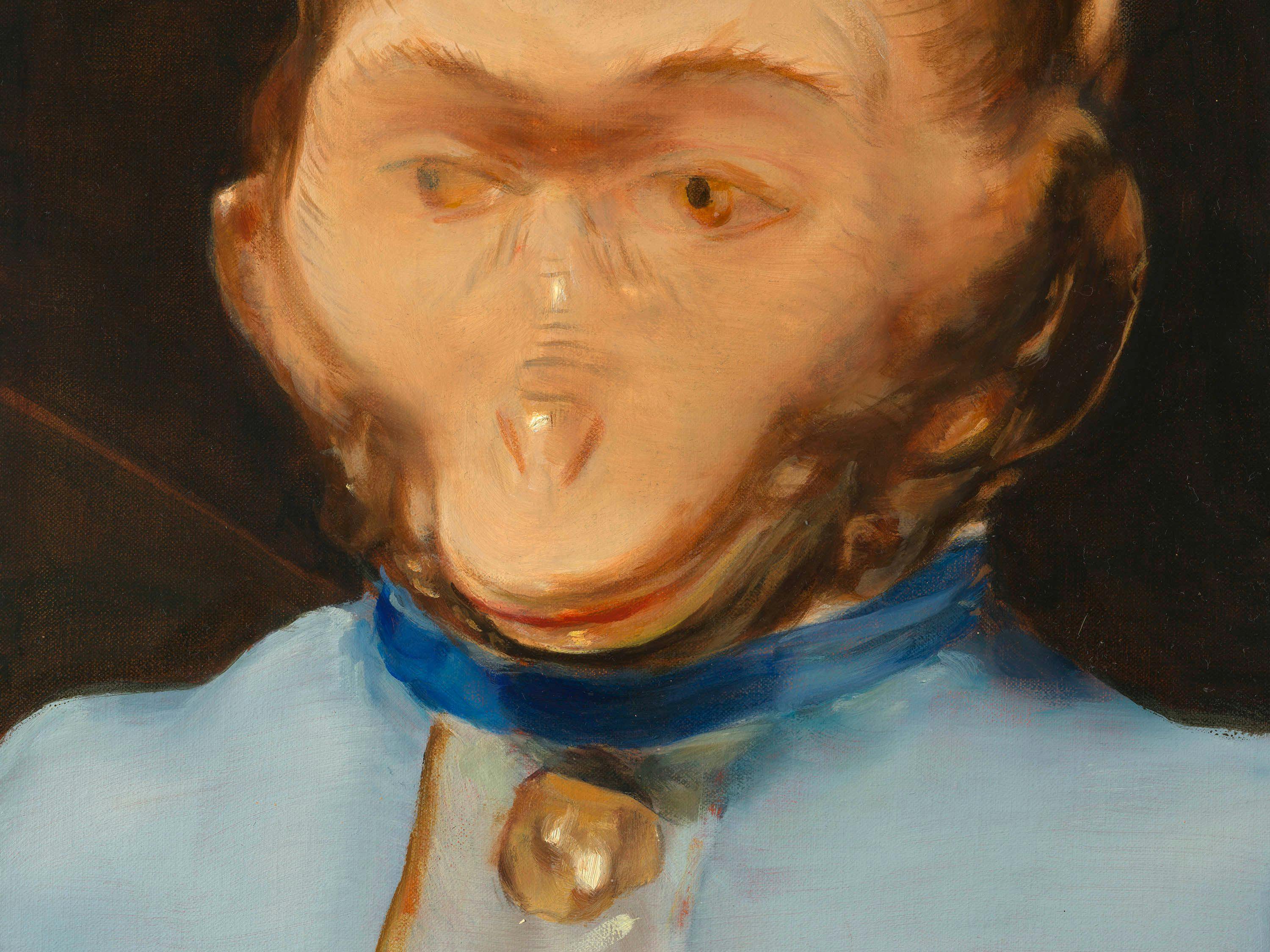 A detail from a painting by Michaël Borremans, titled The Monkey (The Queen), dated 2023.