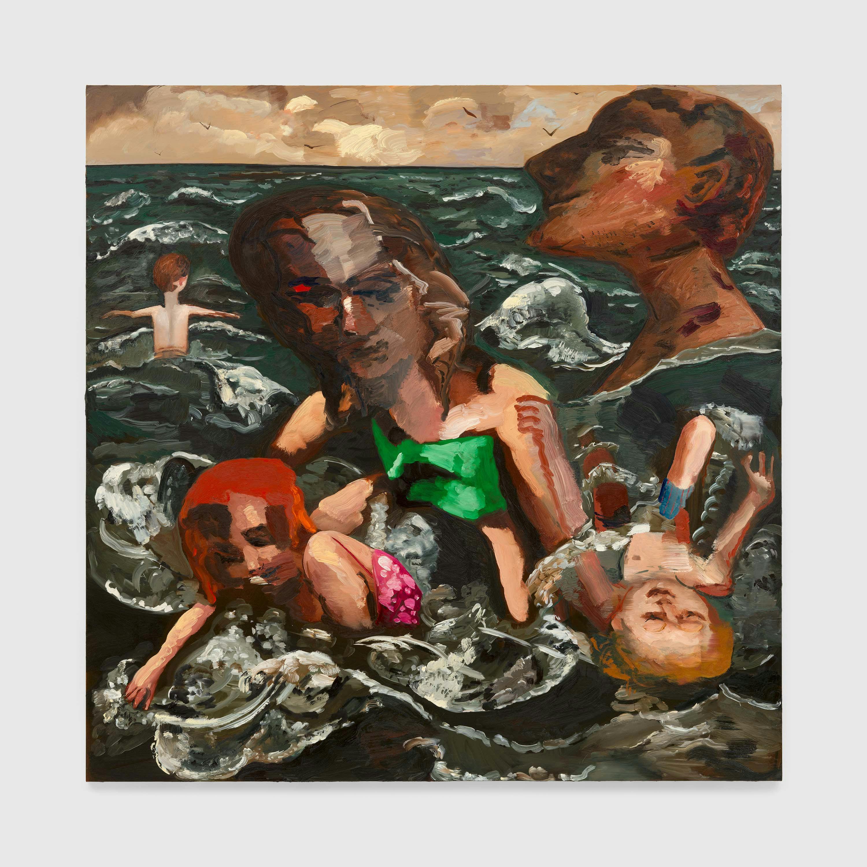 A painting by Dana Schutz, titled Family in a Wave, dated 2024.