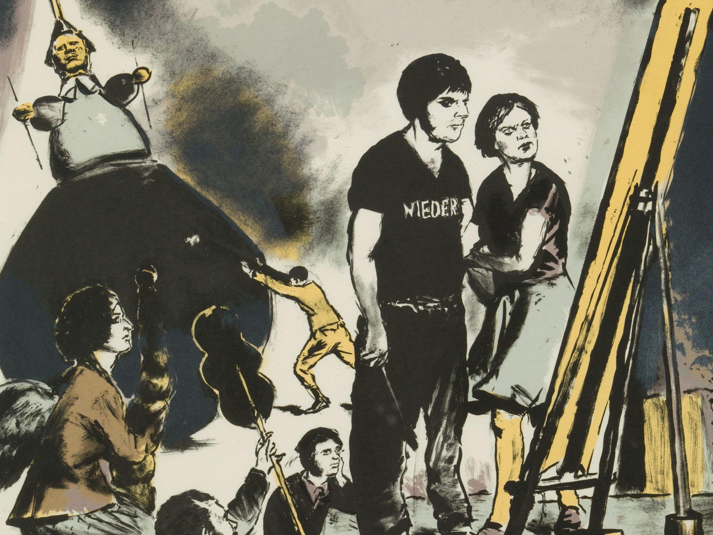 A detail from a print by Neo Rauch, titled Aufwärts, dated 2021.