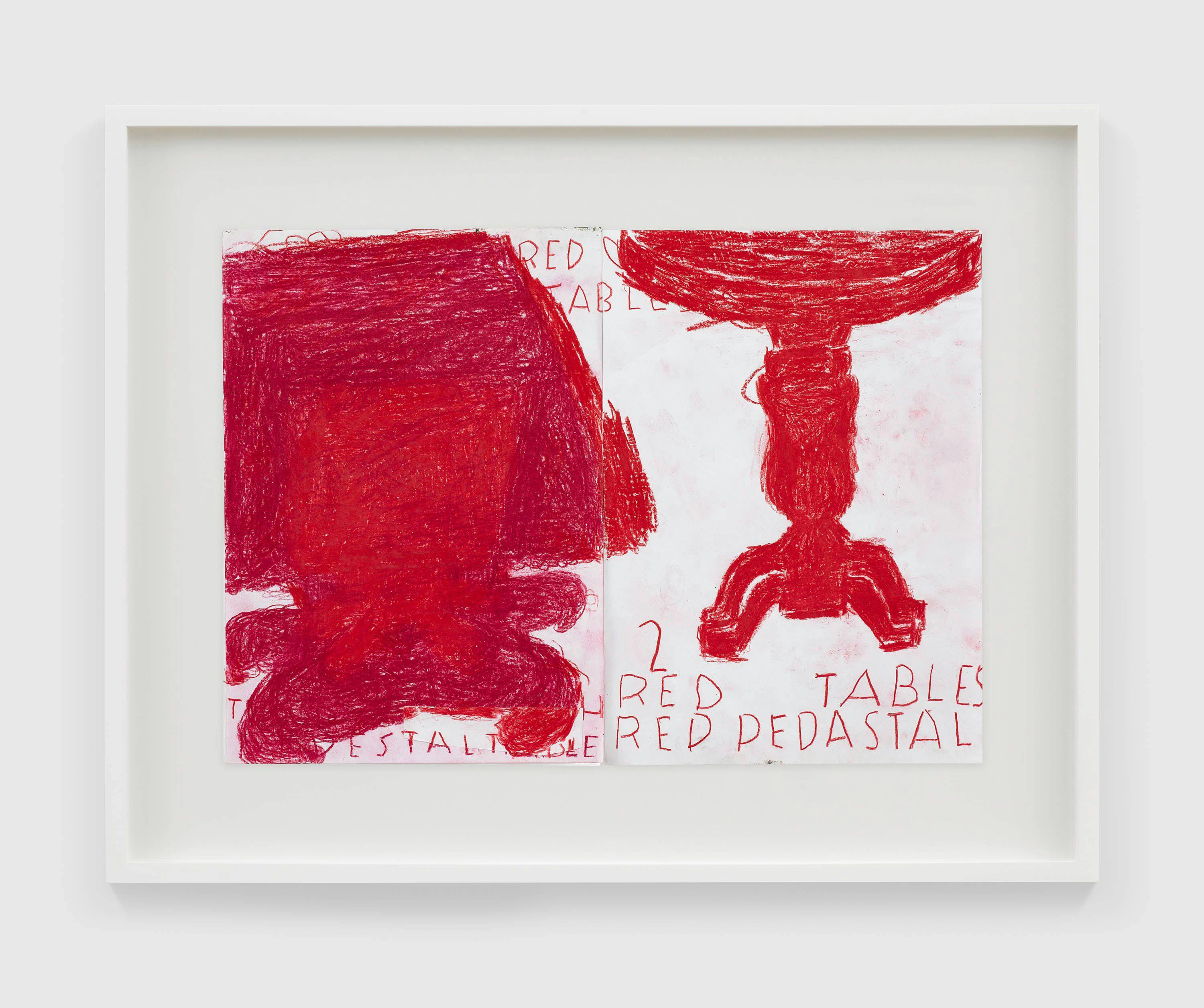 A work on paper by Rose Wylie, titled 2 Red tables, dated 2023.