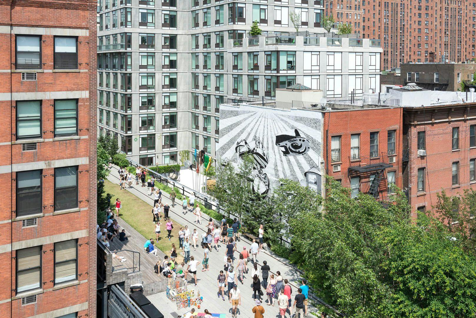 View of Kerry James Marshall's mural titled Above the Line on The High Line, New York, dated 2015.