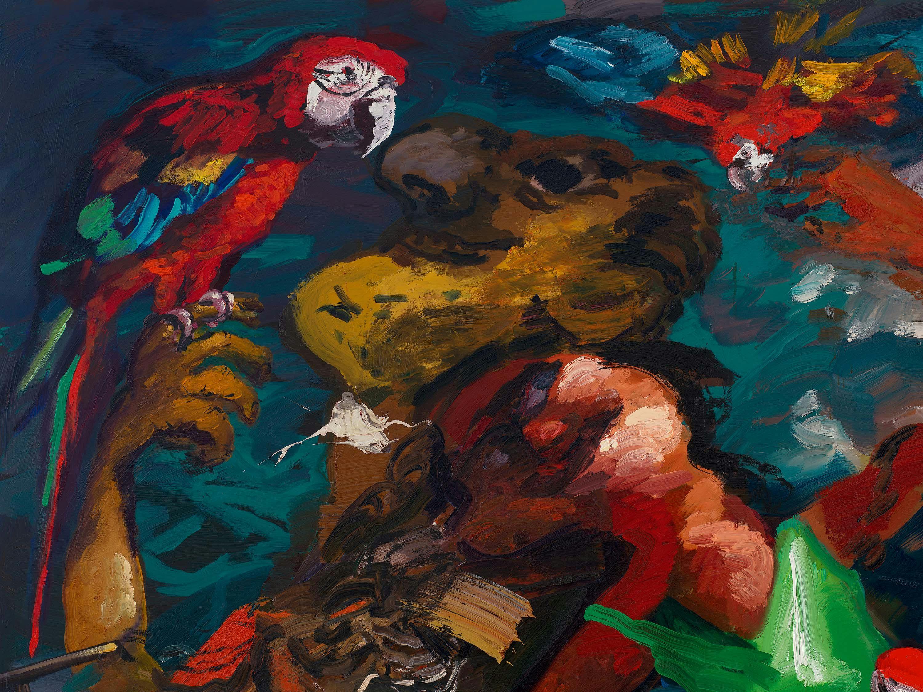 A detail from a painting by Dana Schutz, titled Parrots, dated 2023.