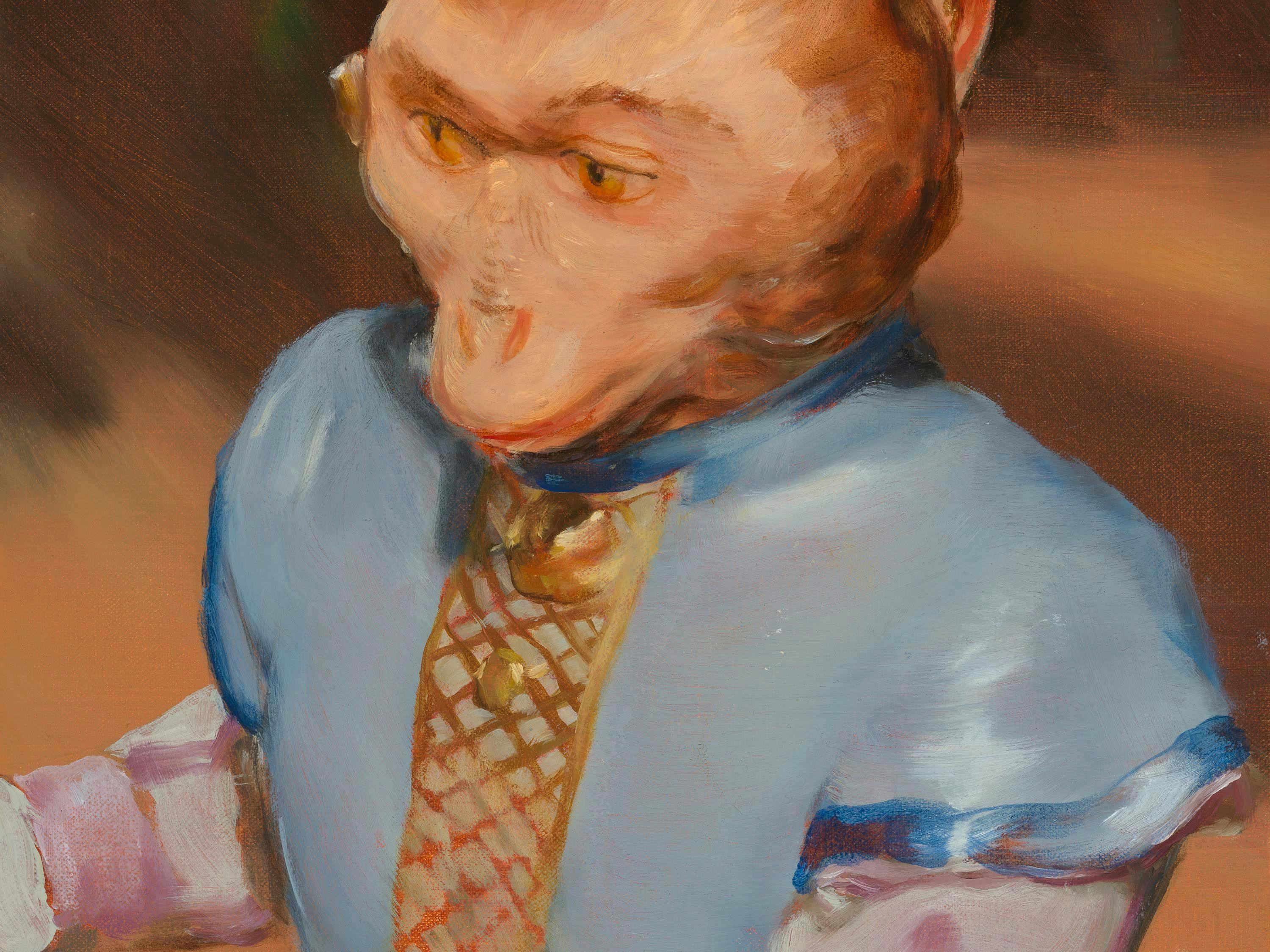 A detail from a painting by Michaël Borremans, titled The Monkey IV, dated 2023.
