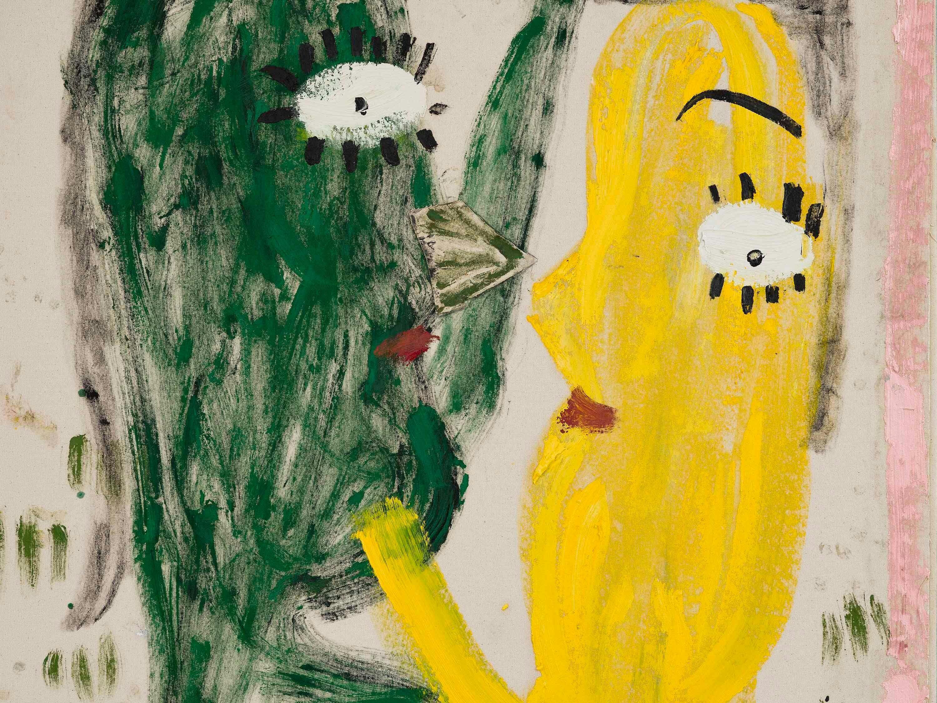 A detail from a painting by Rose Wylie, titled Super Rough 2, Nose & green grass, dated 2021.