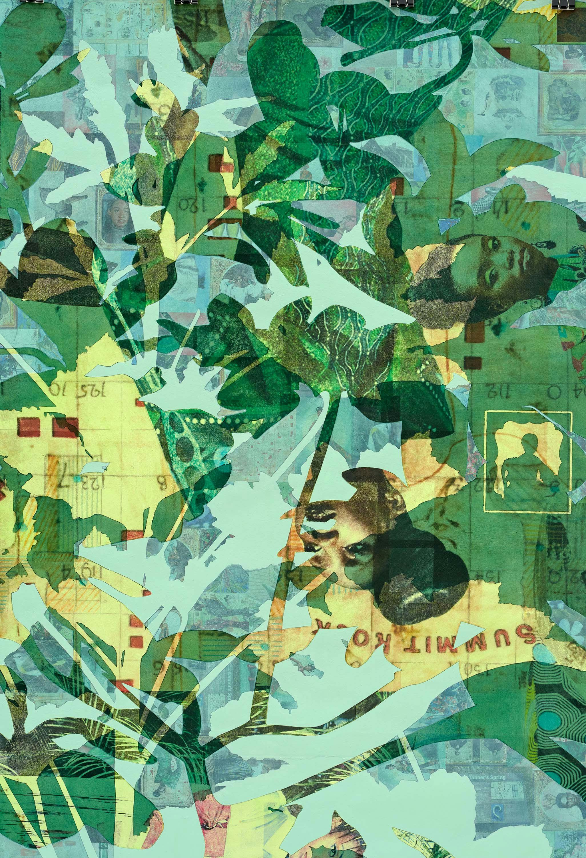 A detail from a work on paper by Njideka Akunyili Crosby, titled Potential, Displaced, dated 2021.