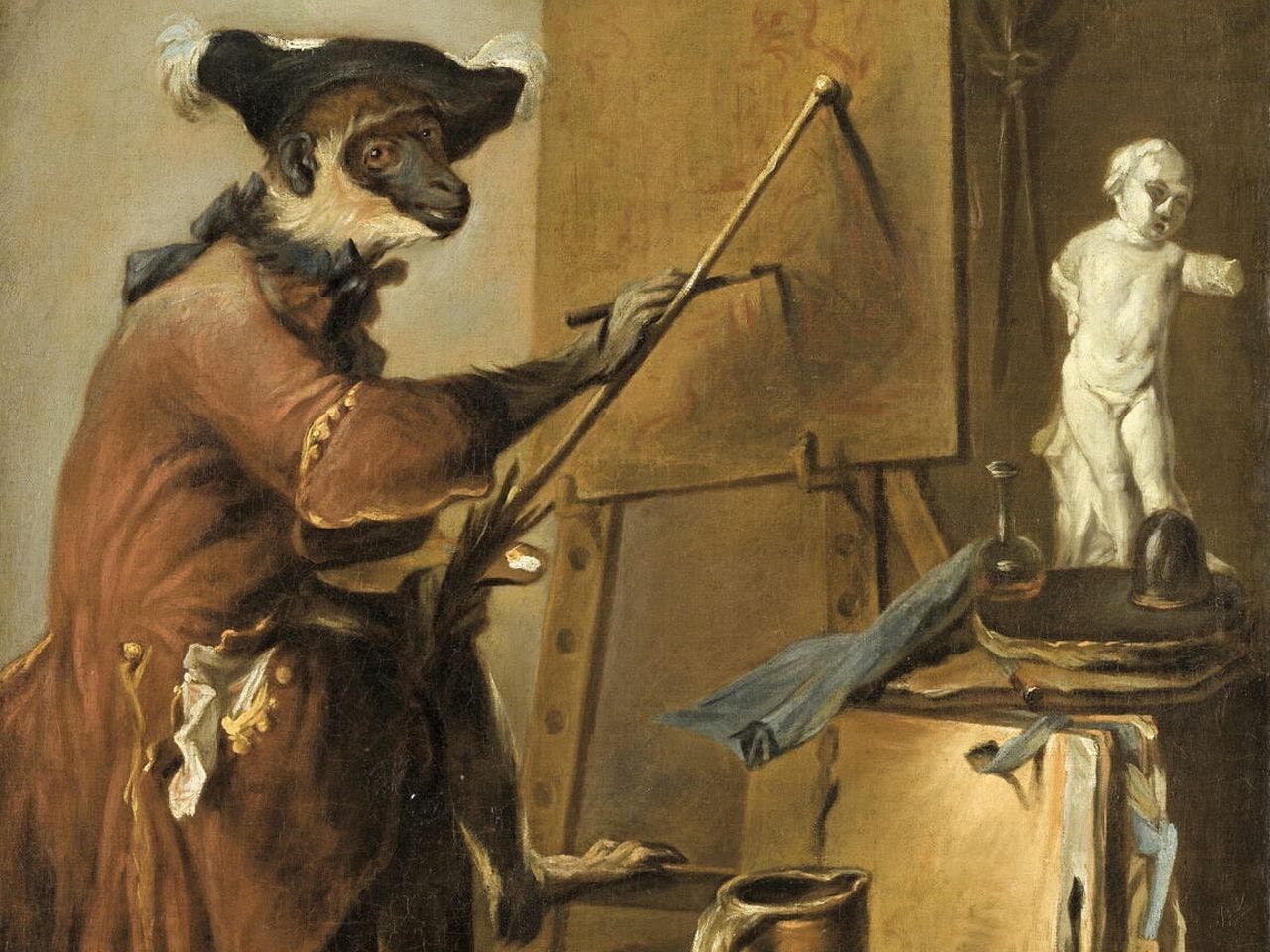 An artwork by Jean-Baptiste Chardin, titled The Monkey Painter, dated 1739-1740. Collection of the Louvre, Paris
