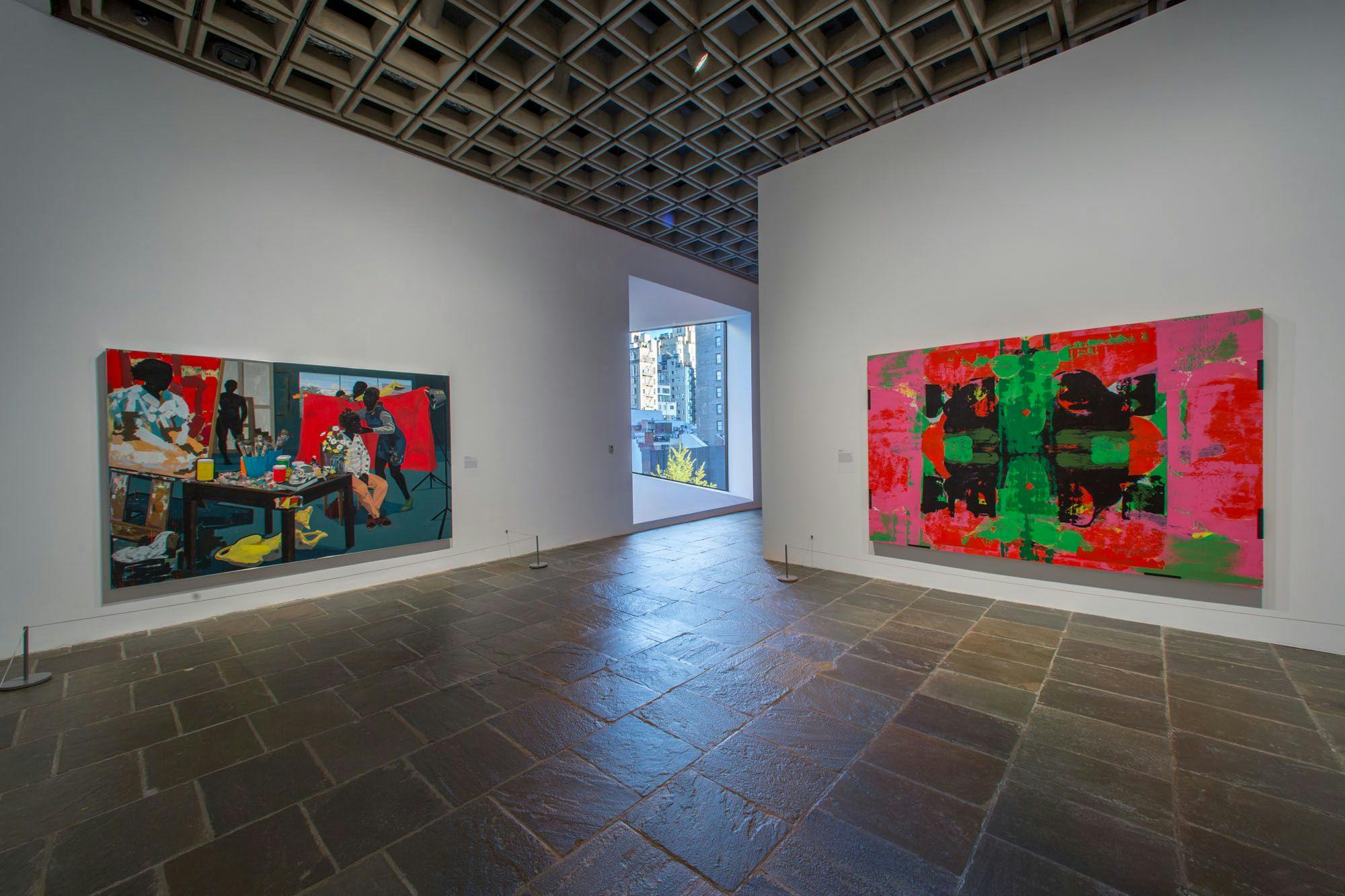 Installation view of the exhibition Kerry James Marshall: Mastry at the Met Breuer in New York, dated 2016 through 2017.