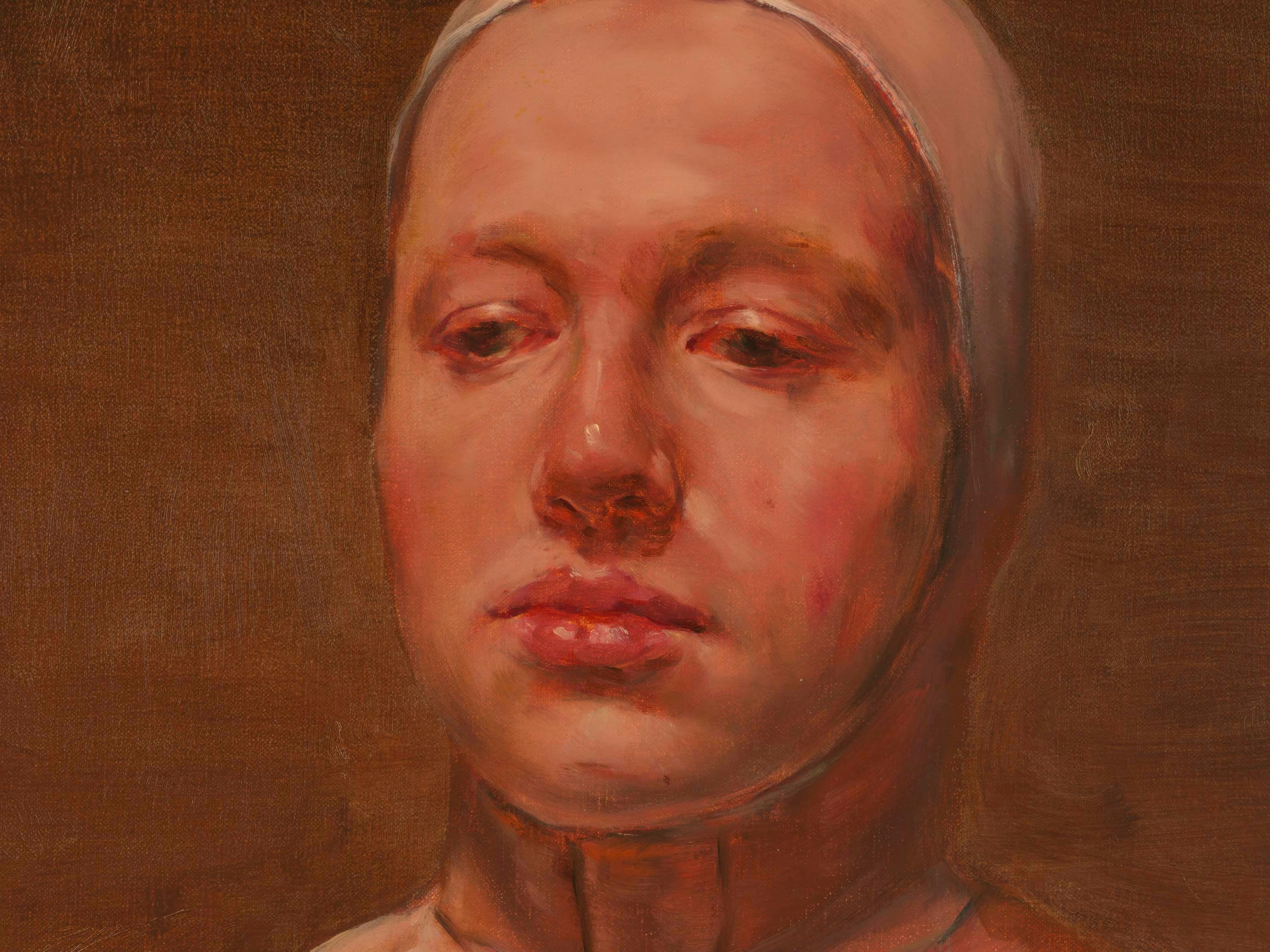 A detail from a painting by Michaël Borremans, titled The Fourth Double, dated 2024.