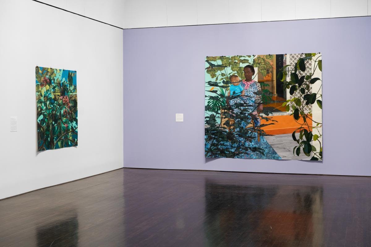 Installation view of an exhibition titled Contemporary Project: Njideka Akunyili Crosby at the Blanton Museum of Art, The University of Texas at Austin, dated 2022.