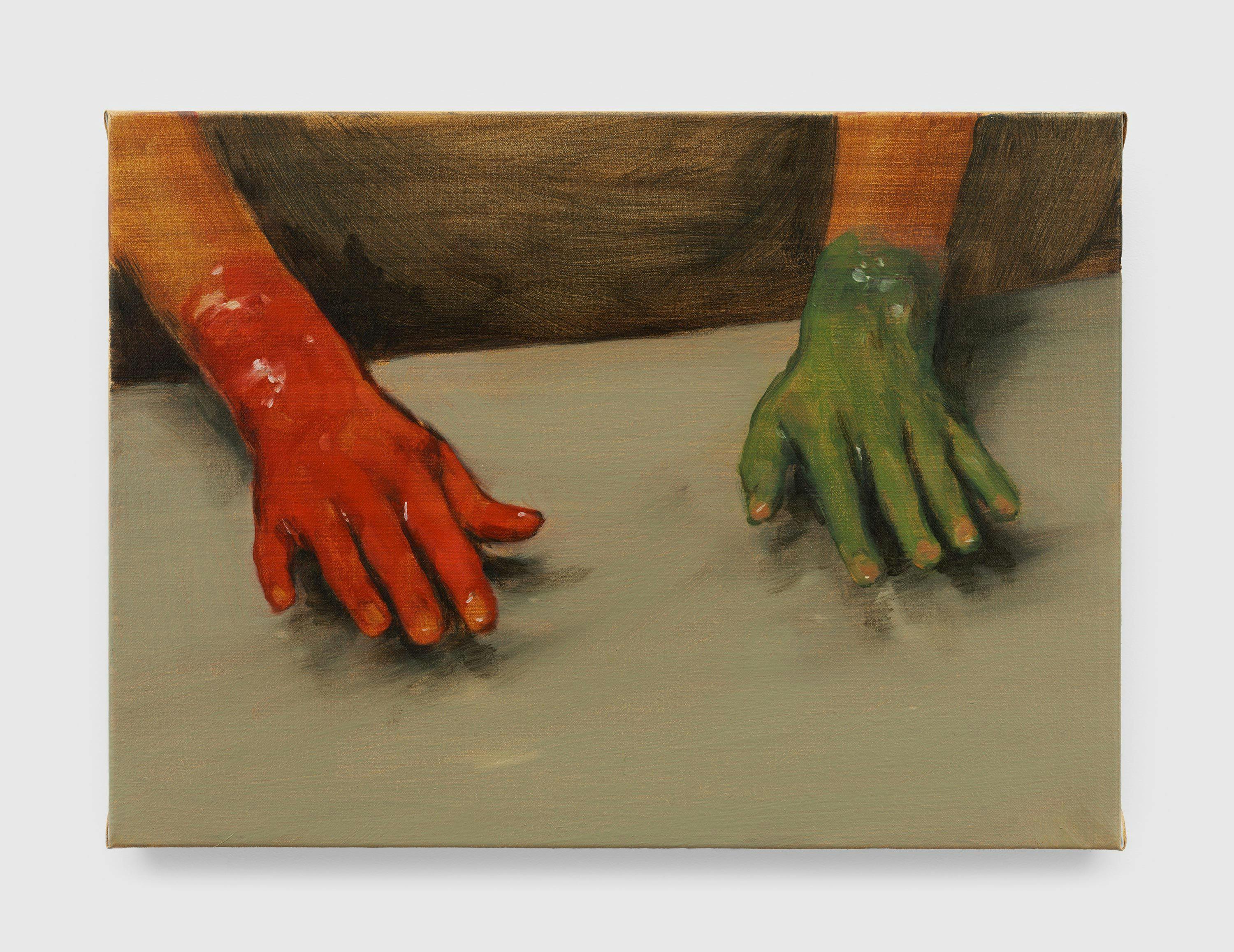 A painting by Michaël Borremans, titled Red Hand, Green Hand (2), dated 2010.