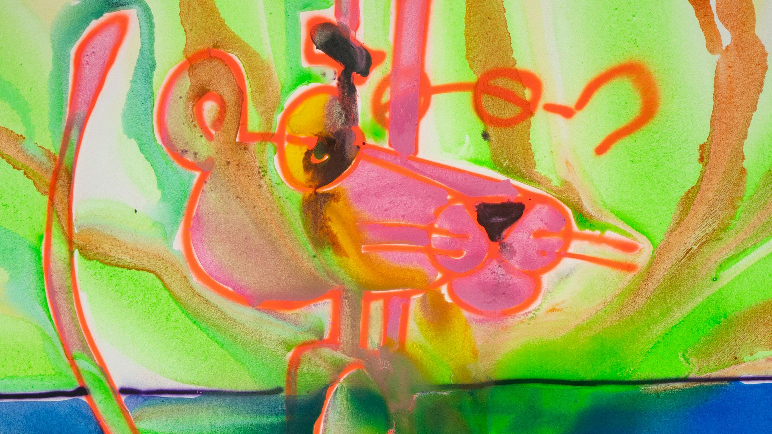 A detail of a painting by Katherine Bernhardt titled Crescent Lunge, dated 2021