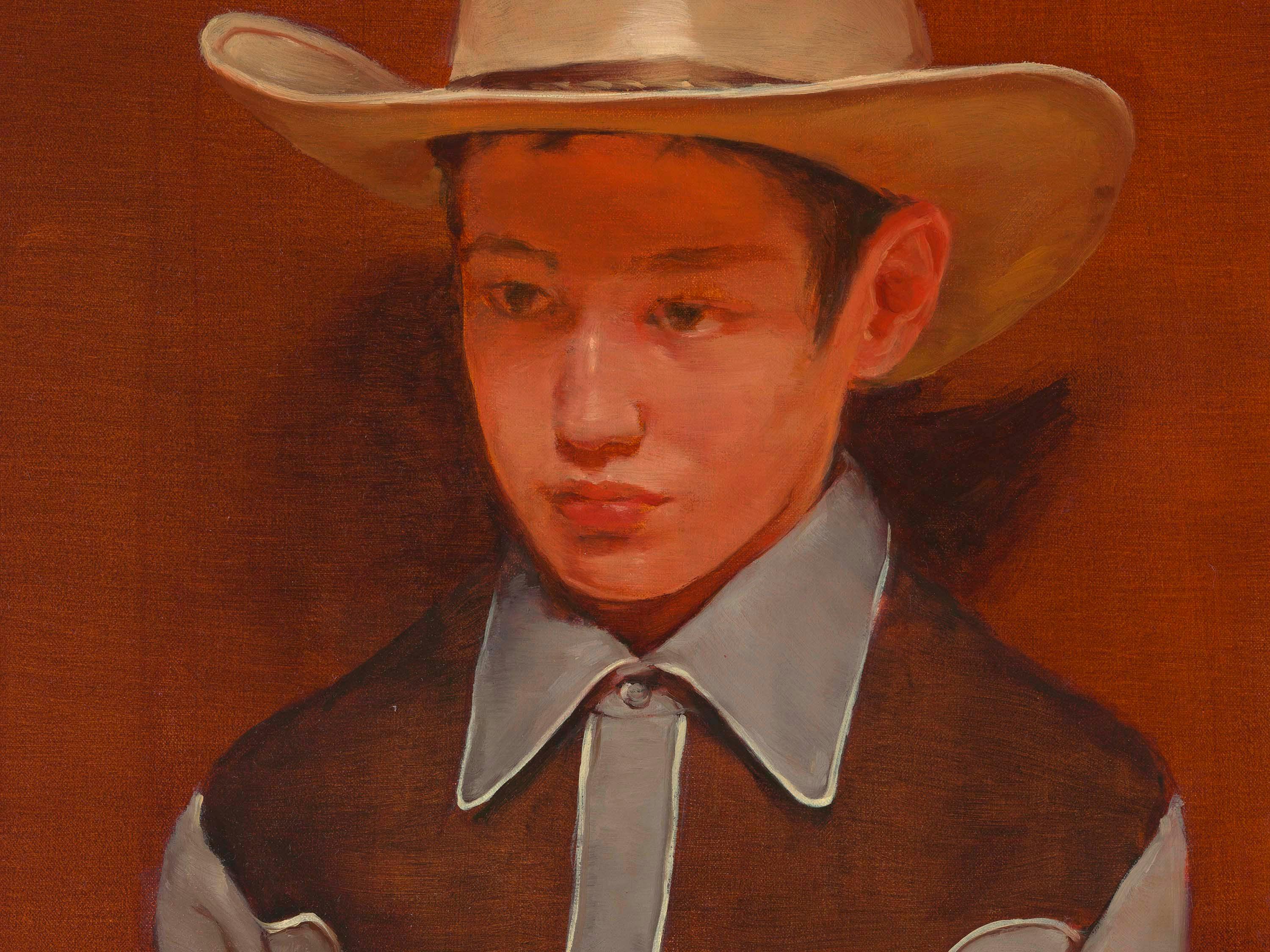 A detail from a painting by Michaël Borremans, titled The Talent, dated 2023.