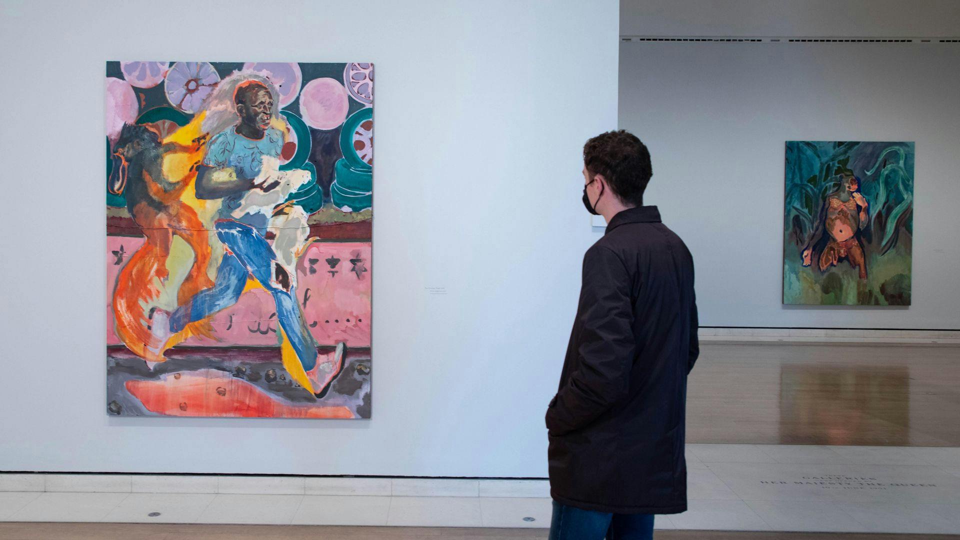 Installation view of the exhibition, Michael Armitage: Paradise Edict, at the Royal Academy of Arts in London, dated 2021.