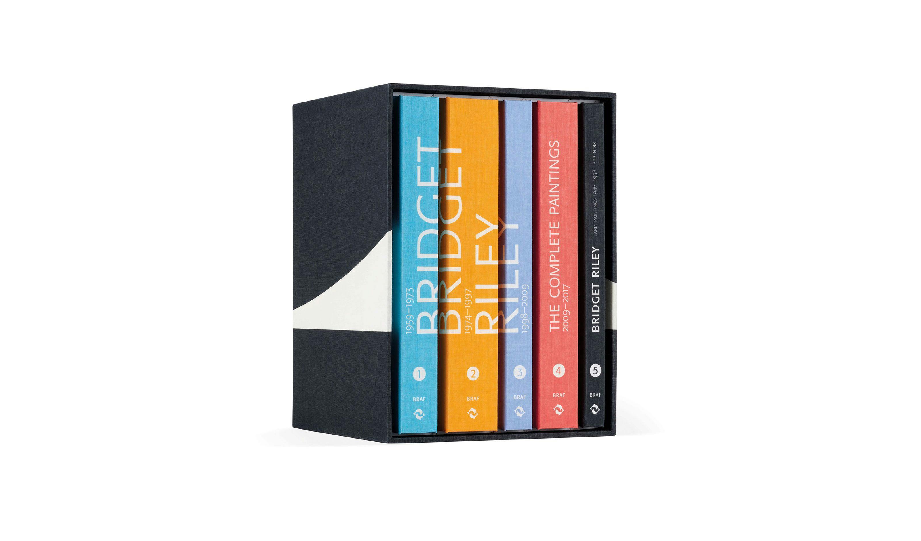 Cover of a box set of books, titled Bridget Riley: The Complete paintings, dated 2018.