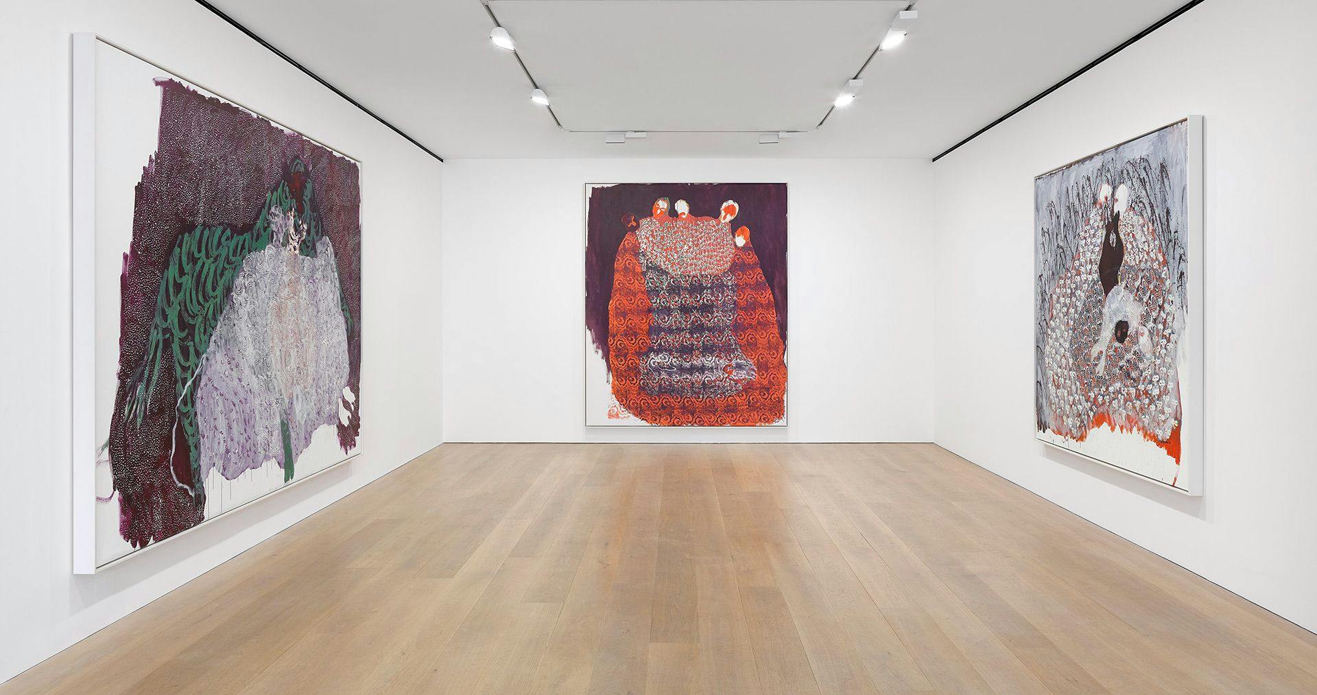 An installation view of the exhibition titled Portia Zvavahera Ndakavata pasi ndikamutswa nekuti anonditsigira, at David Zwirner, London, in 2020.