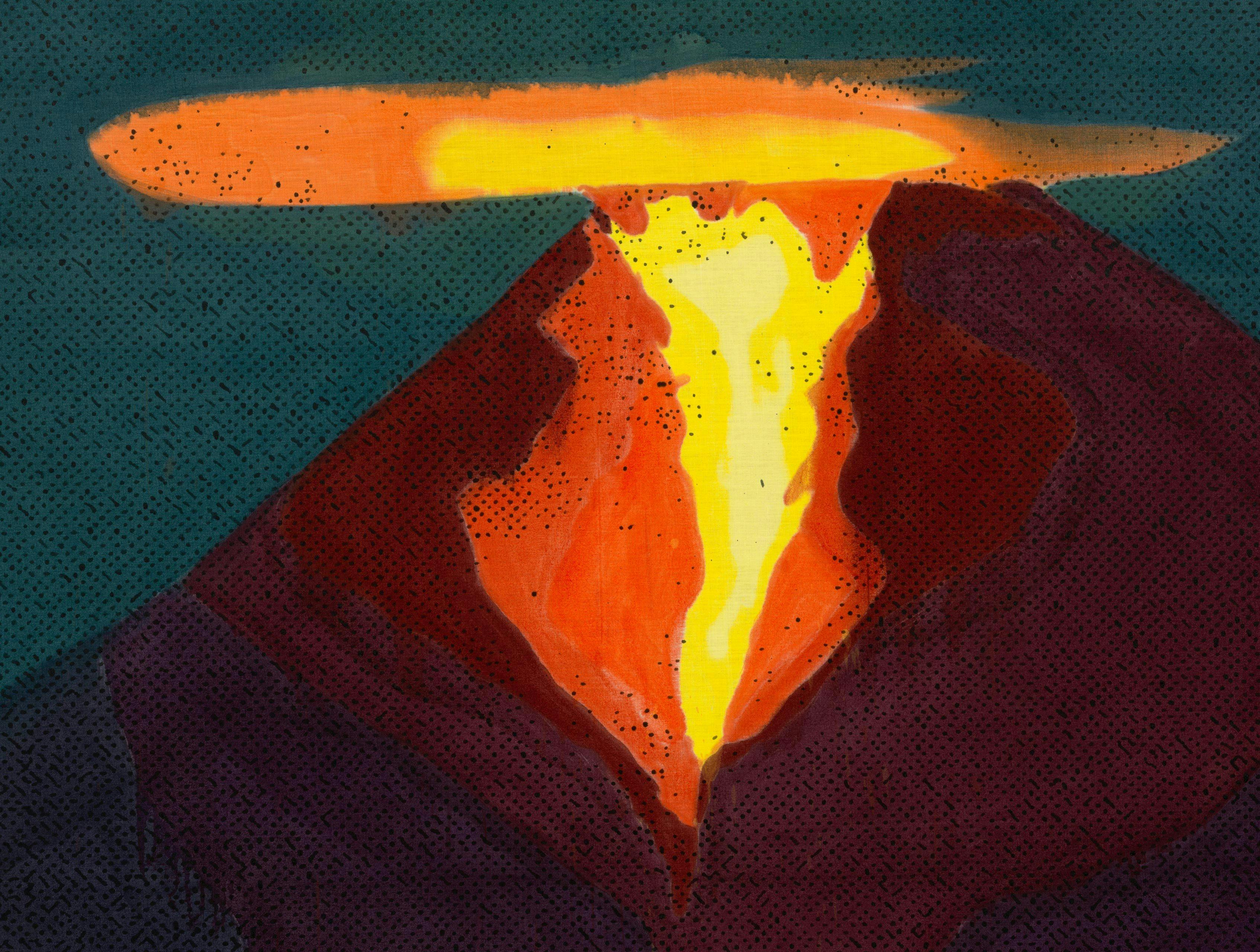 A detail of a painting by Nate Lowman, titled Stratovolcano (Merapi), dated 2021.