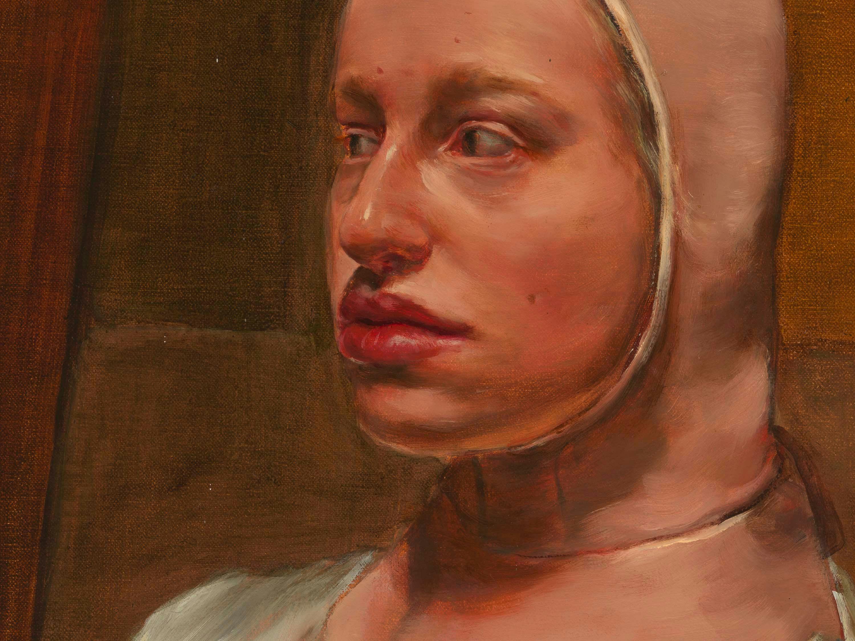 A detail from a painting by Michaël Borremans, titled The Third Double, dated 2022.