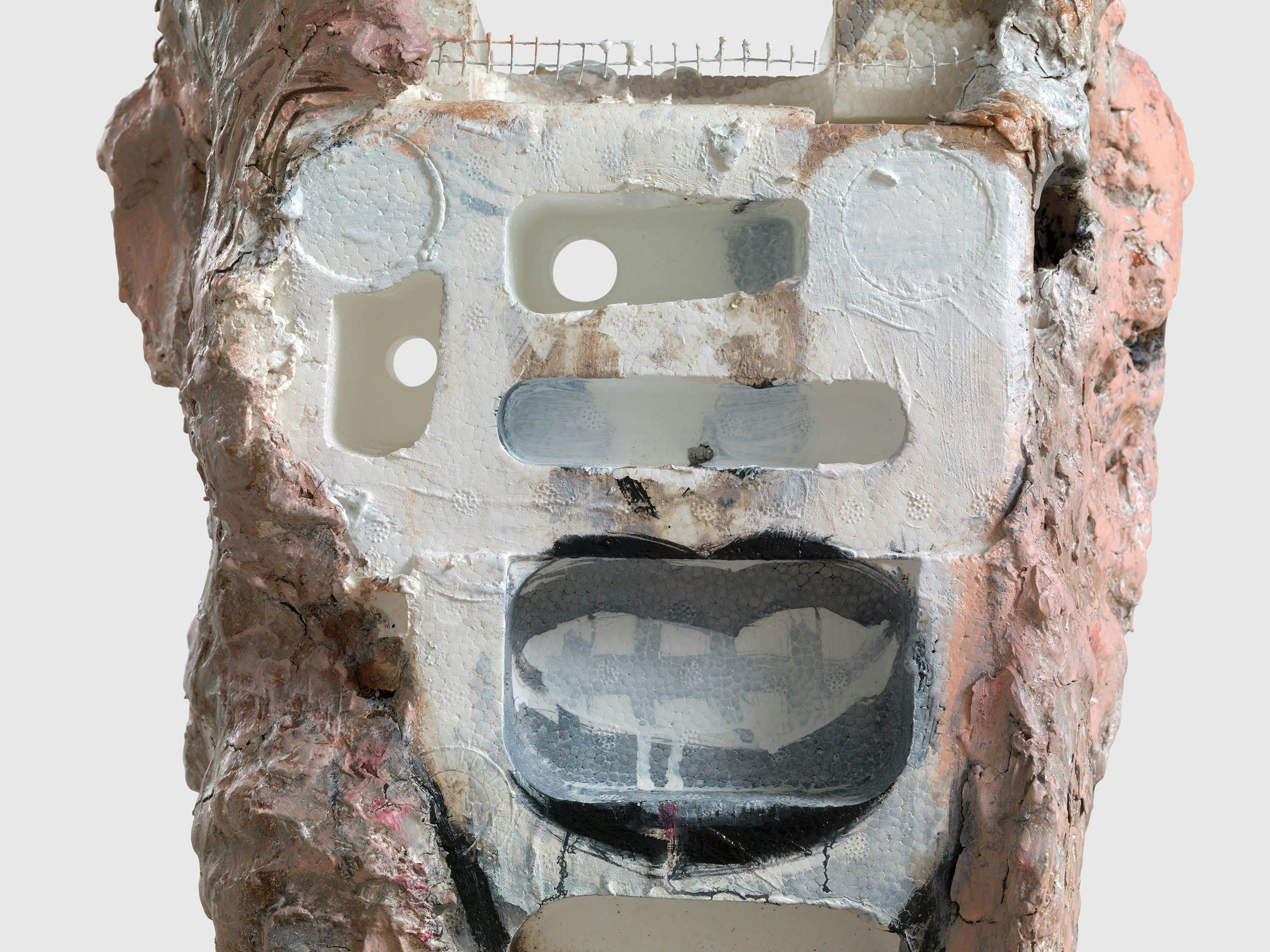 A detail from a mixed media sculpture by Huma Bhabha, titled Lucky, dated 2022.