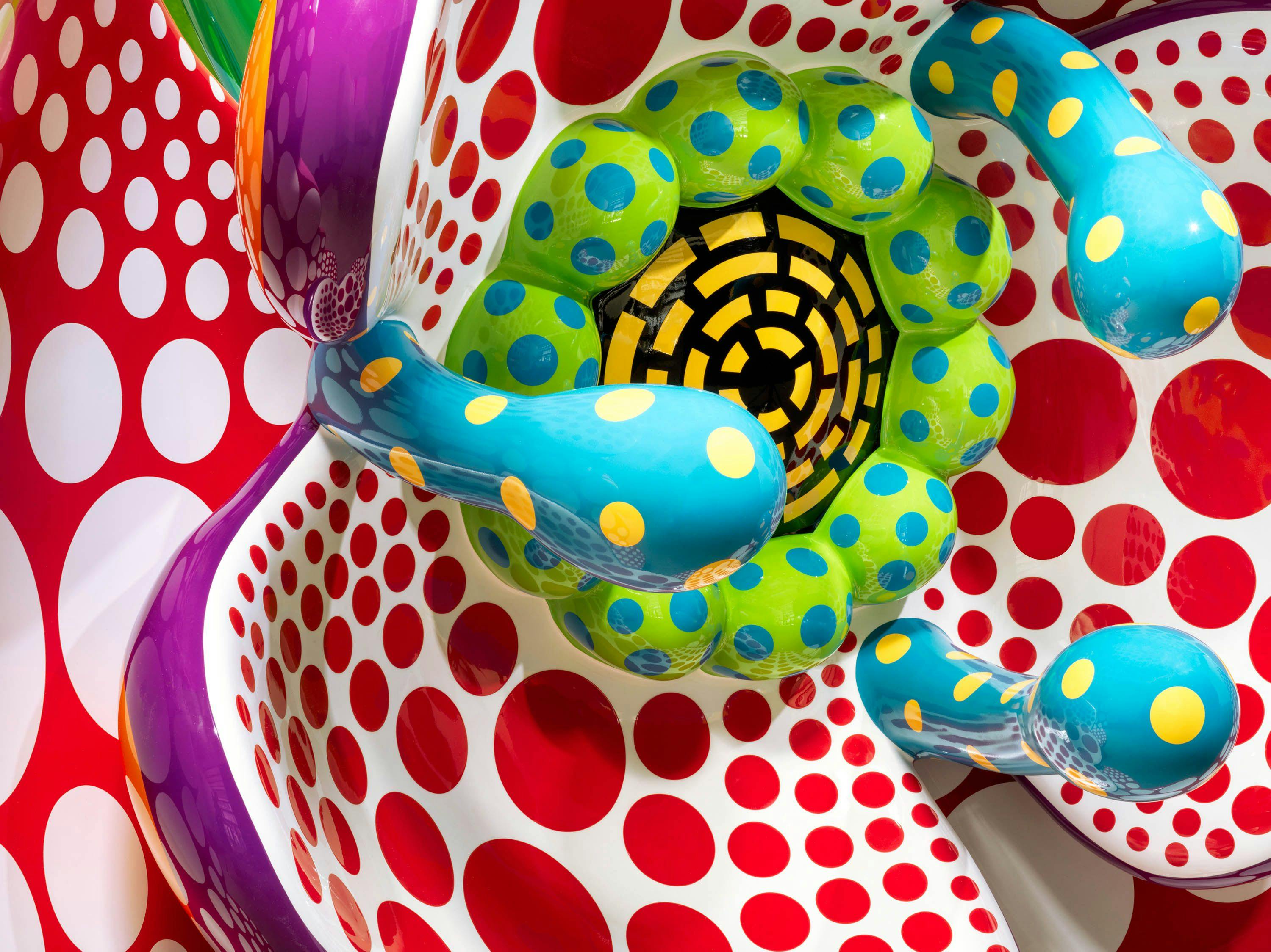 A detail from a sculpture by Yayoi Kusama, titled I Spend Each Day Embracing Flowers, dated 2023.