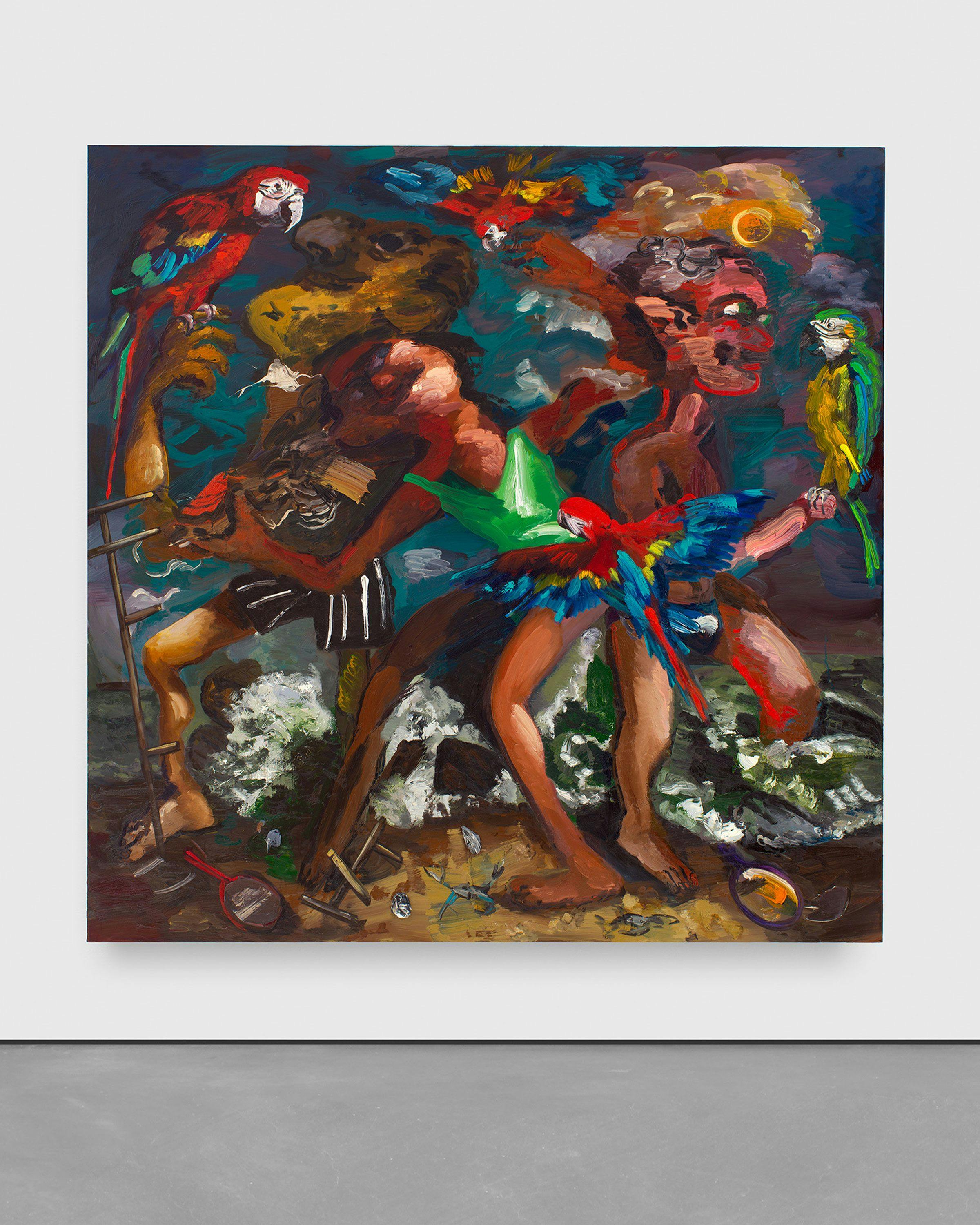 A painting by Dana Schutz, titled Parrots, dated 2023.
