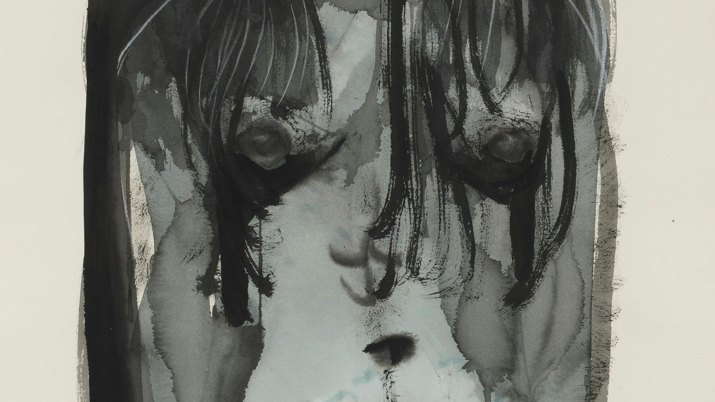 A detail of a work on paper by Marlene Dumas titled Transparent Magdalena (without head), dated 1996