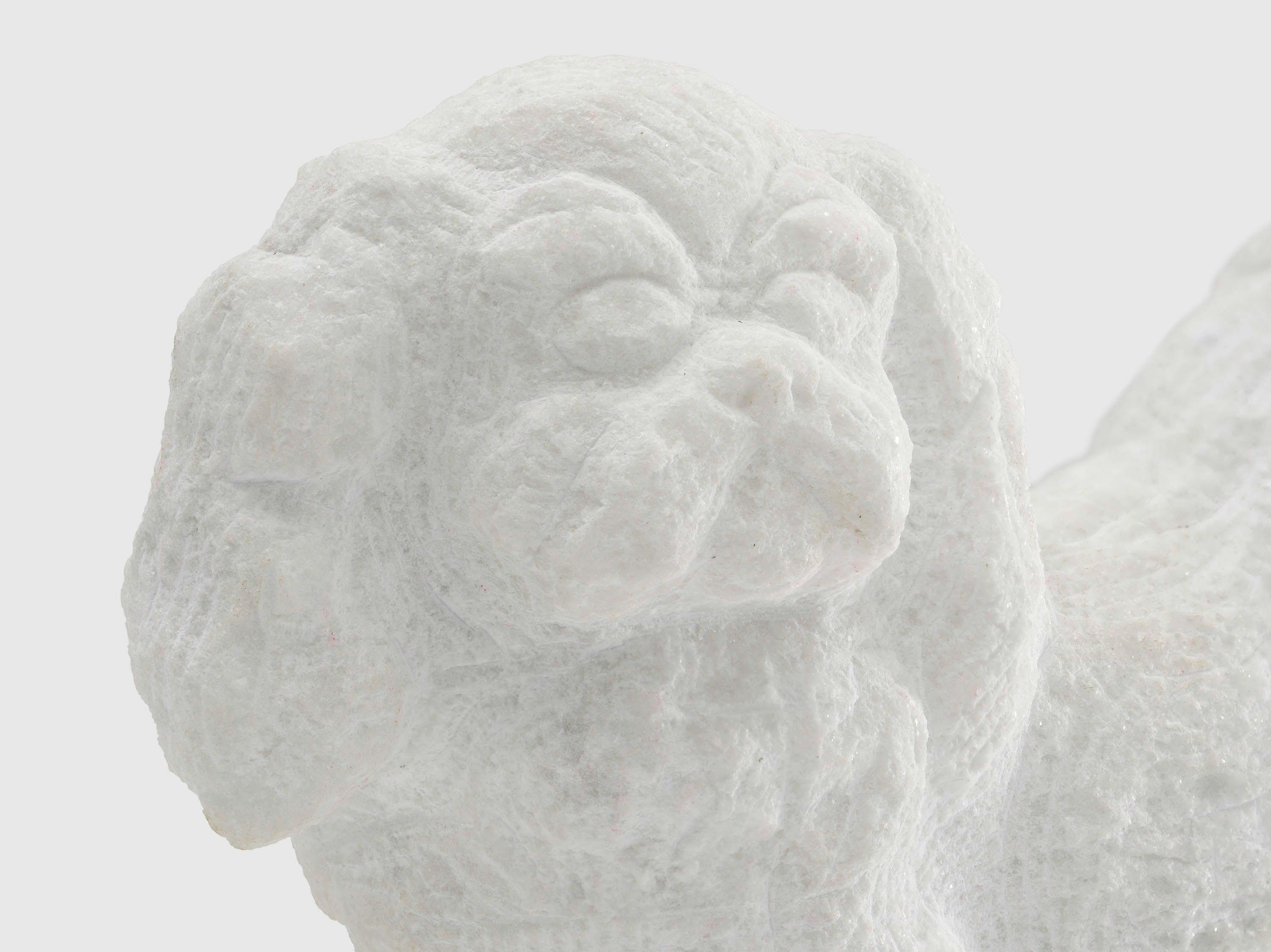 A detail from a marble sculpture by Declan Kearns, titled Poochie, dated 2021.