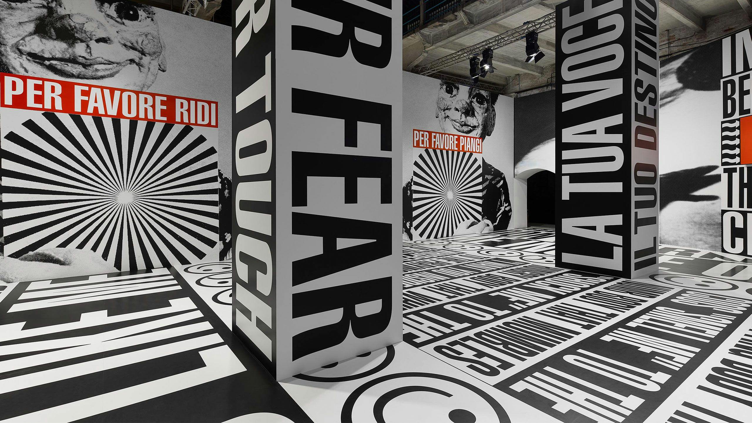 Installation view of Barbara Kruger at the 59th International Art Exhibition of La Biennale di Venezia, The Milk of Dreams, dated 2022.