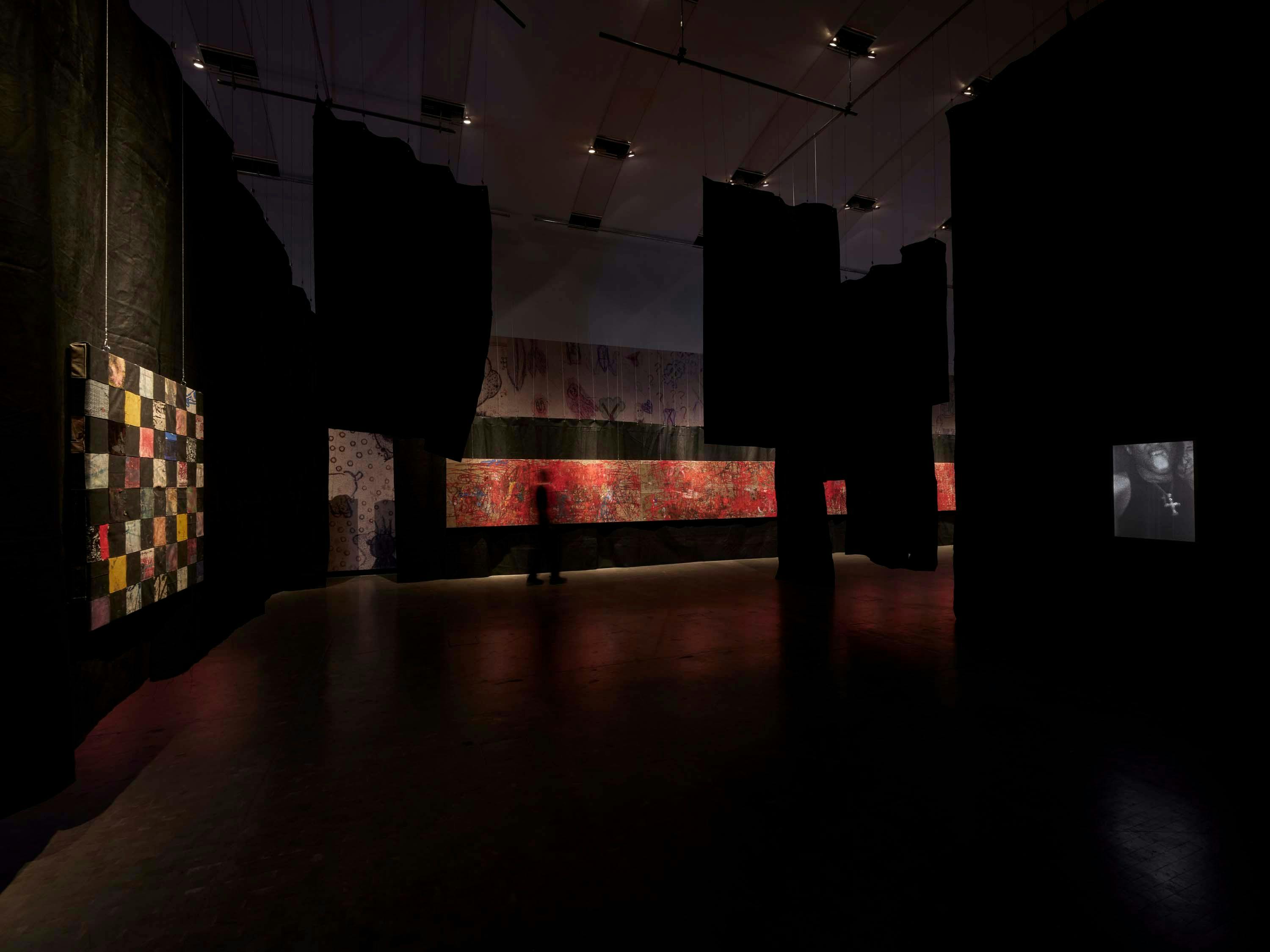 Installation view of the exhibition, Rene Matić & Oscar Murillo JAZZ, at Kunsthalle Wien in Vienna, Austria, dated 2024.