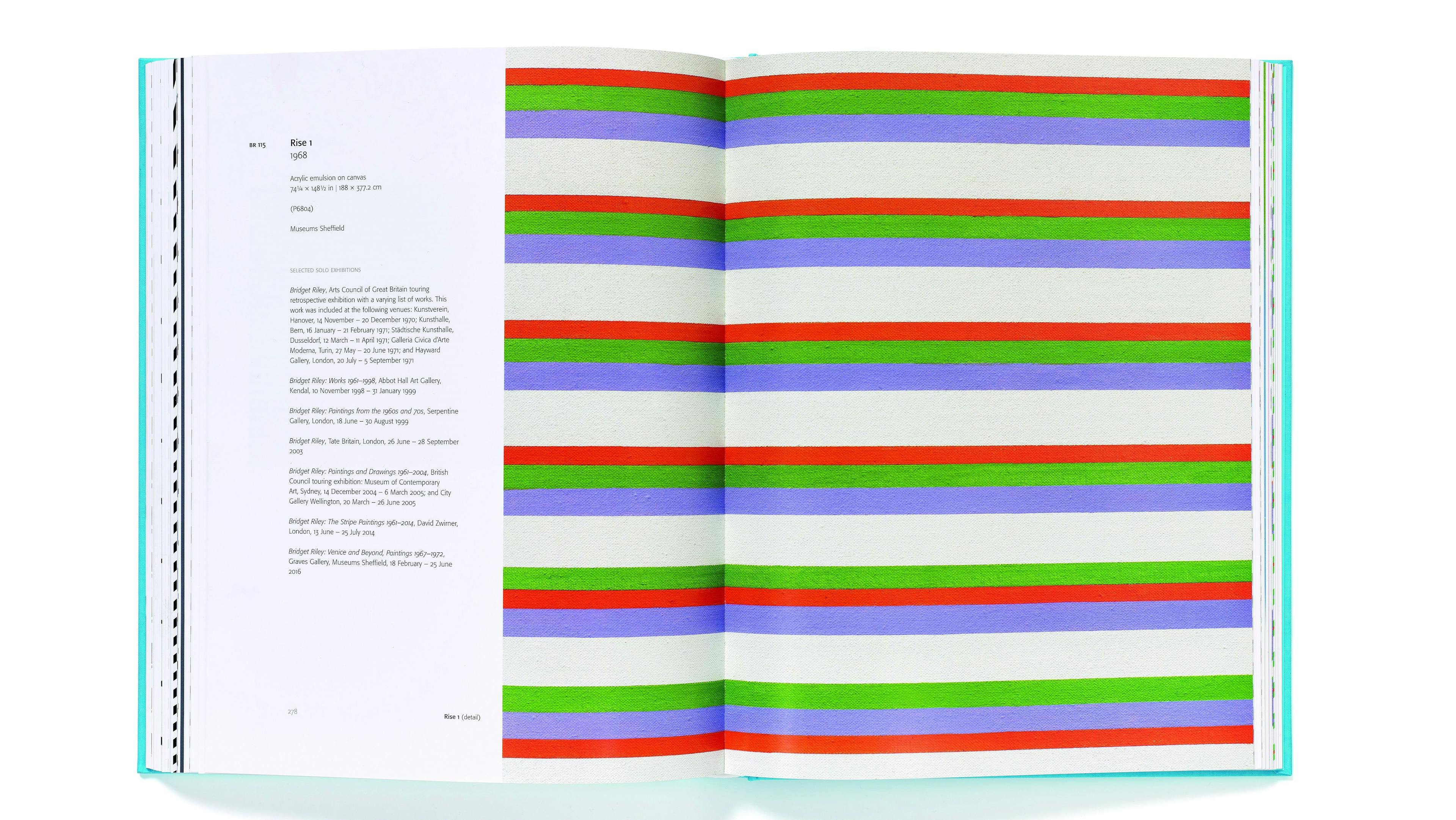 Interior spread from a book titled Bridget Riley: The Complete Paintings,  Published by Thames & Hudson in 2018.