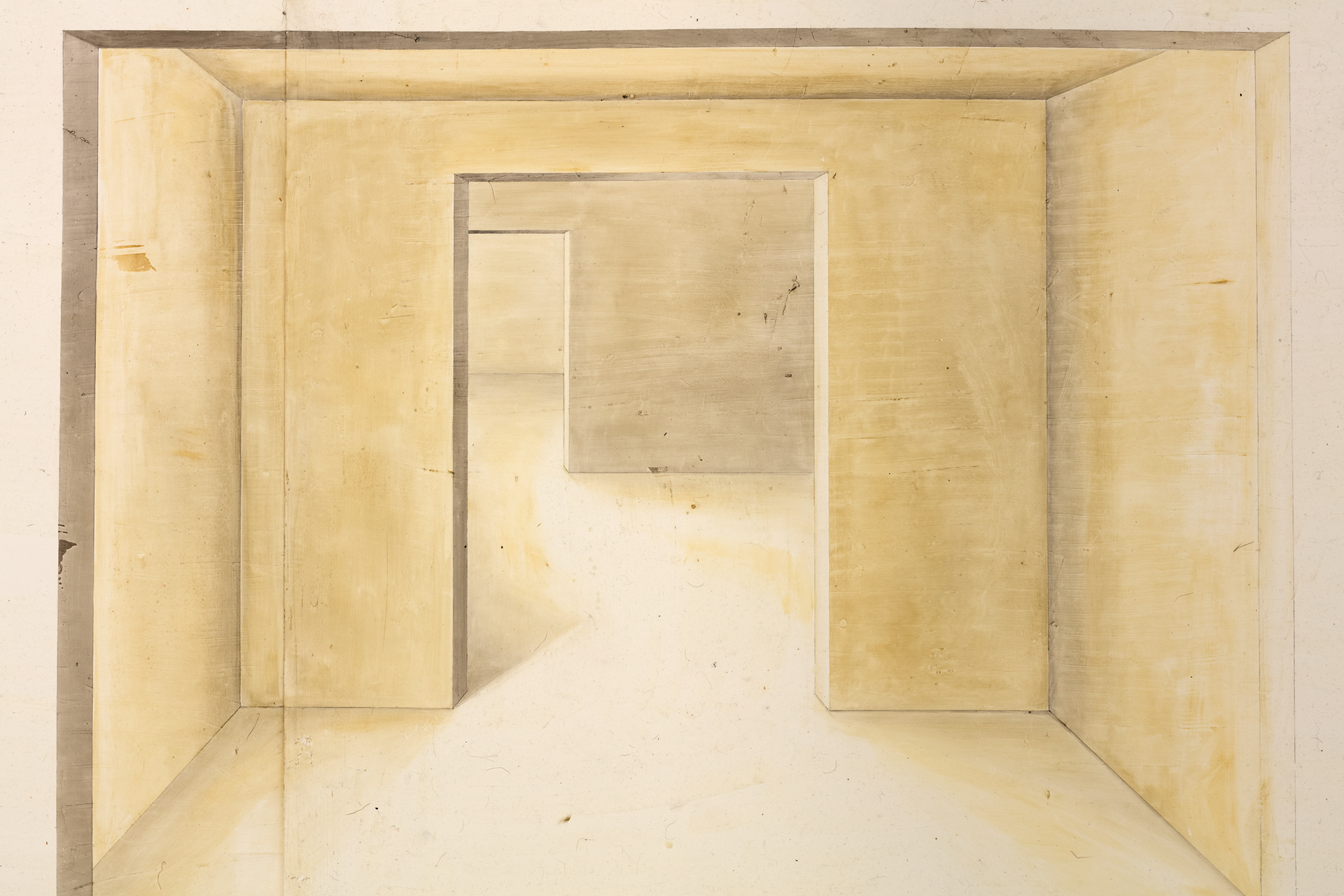 An oil and wax work on paper by Toba Khedoori, titled Untitled (rooms), dated 2001.