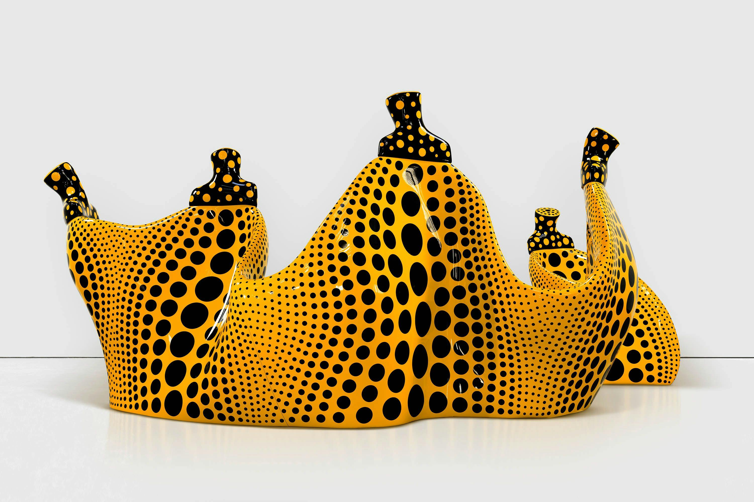 A bronze and urethane paint sculpture by Yayoi Kusama, titled Aspiring to Pumpkin’s Love, the Love in My Heart, dated 2023.