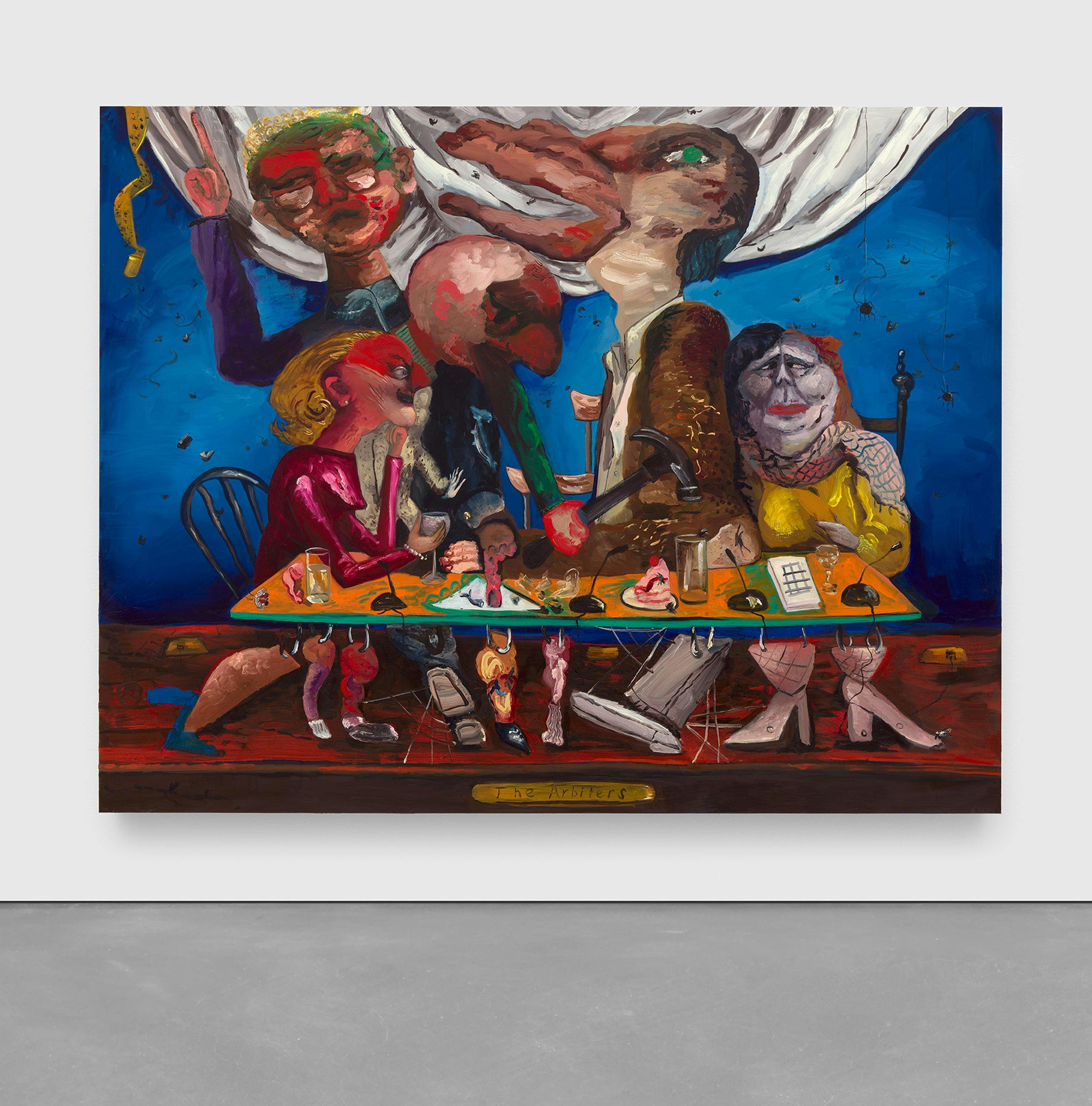 A painting by Dana Schutz, titled The Arbiters, dated 2023.