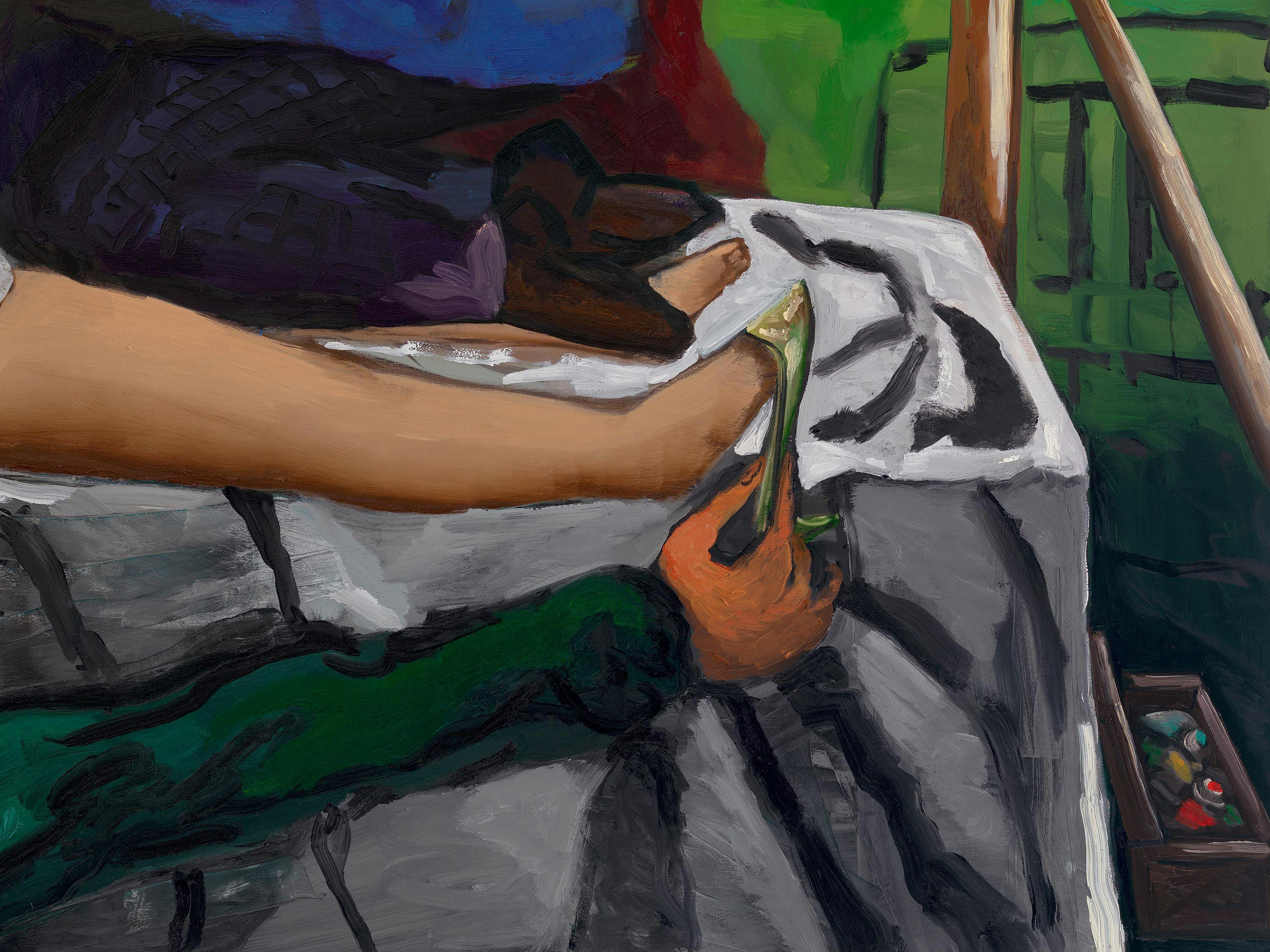 A detail from a painting by Dana Schutz, titled Dear Painter, dated 2023.