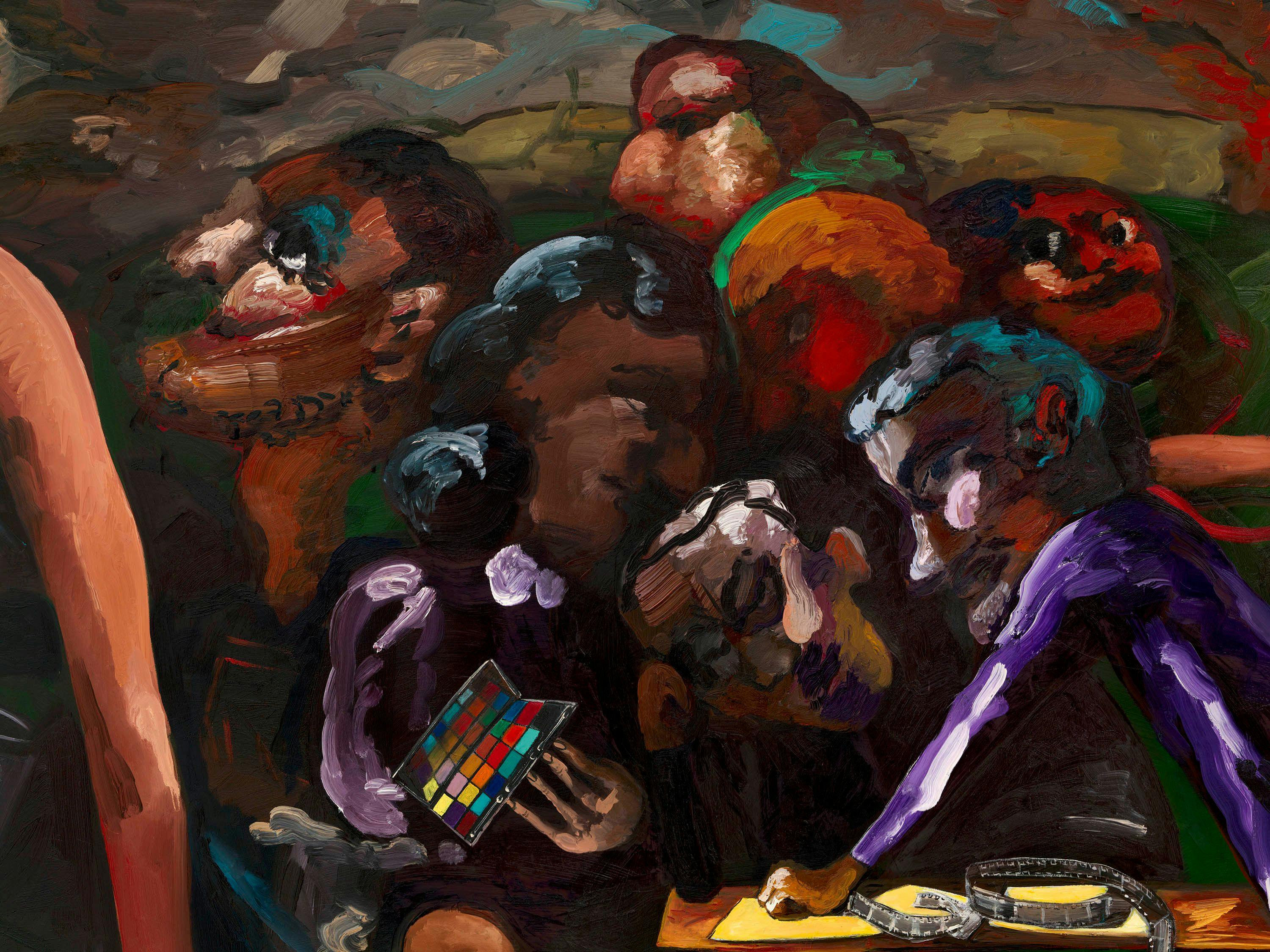 A detail from a painting by Dana Schutz, titled The Gathering, dated 2023.