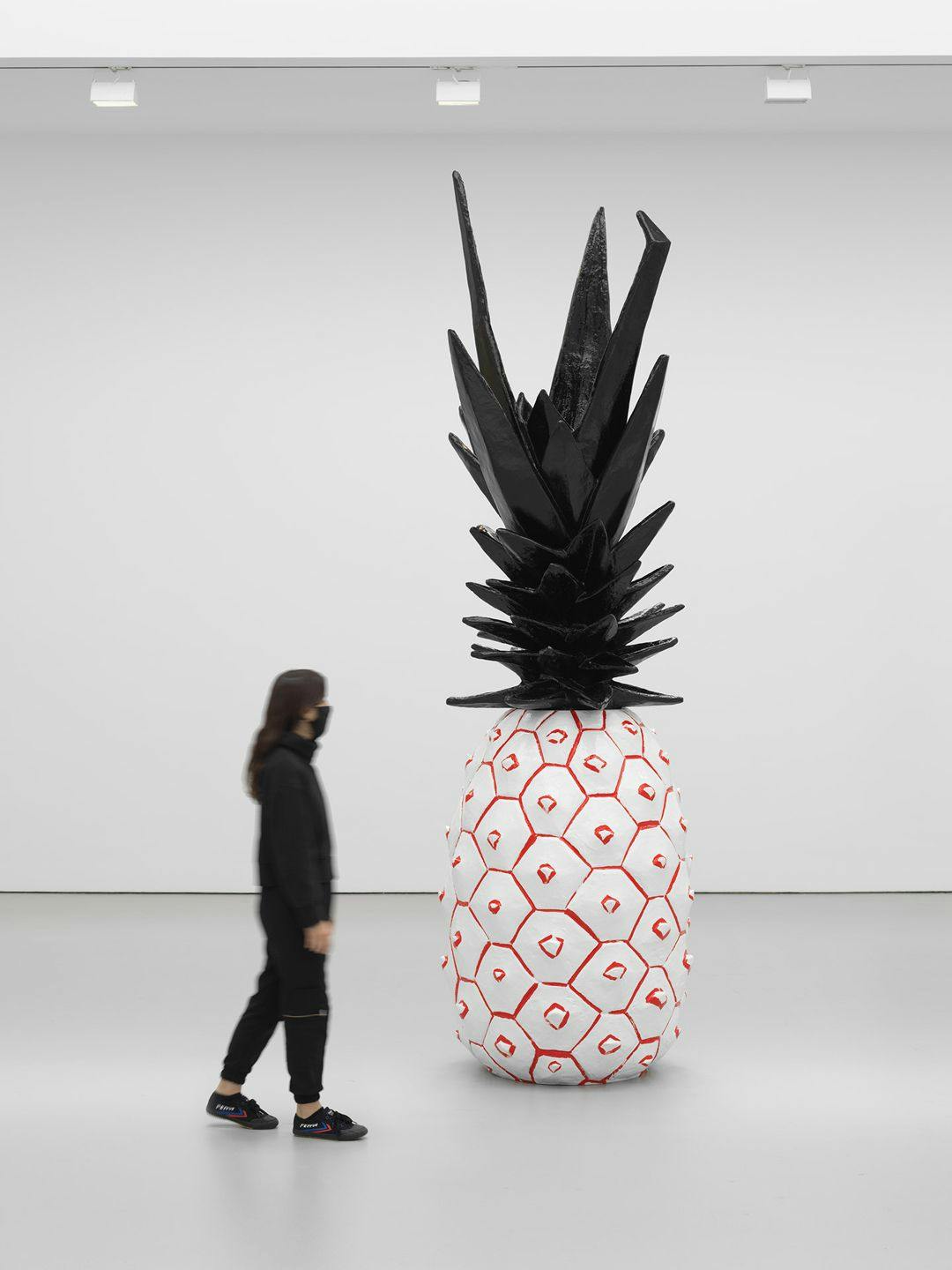 A painted bronze sculpture in two parts by Rose Wylie, titled Pineapple, dated 2020.