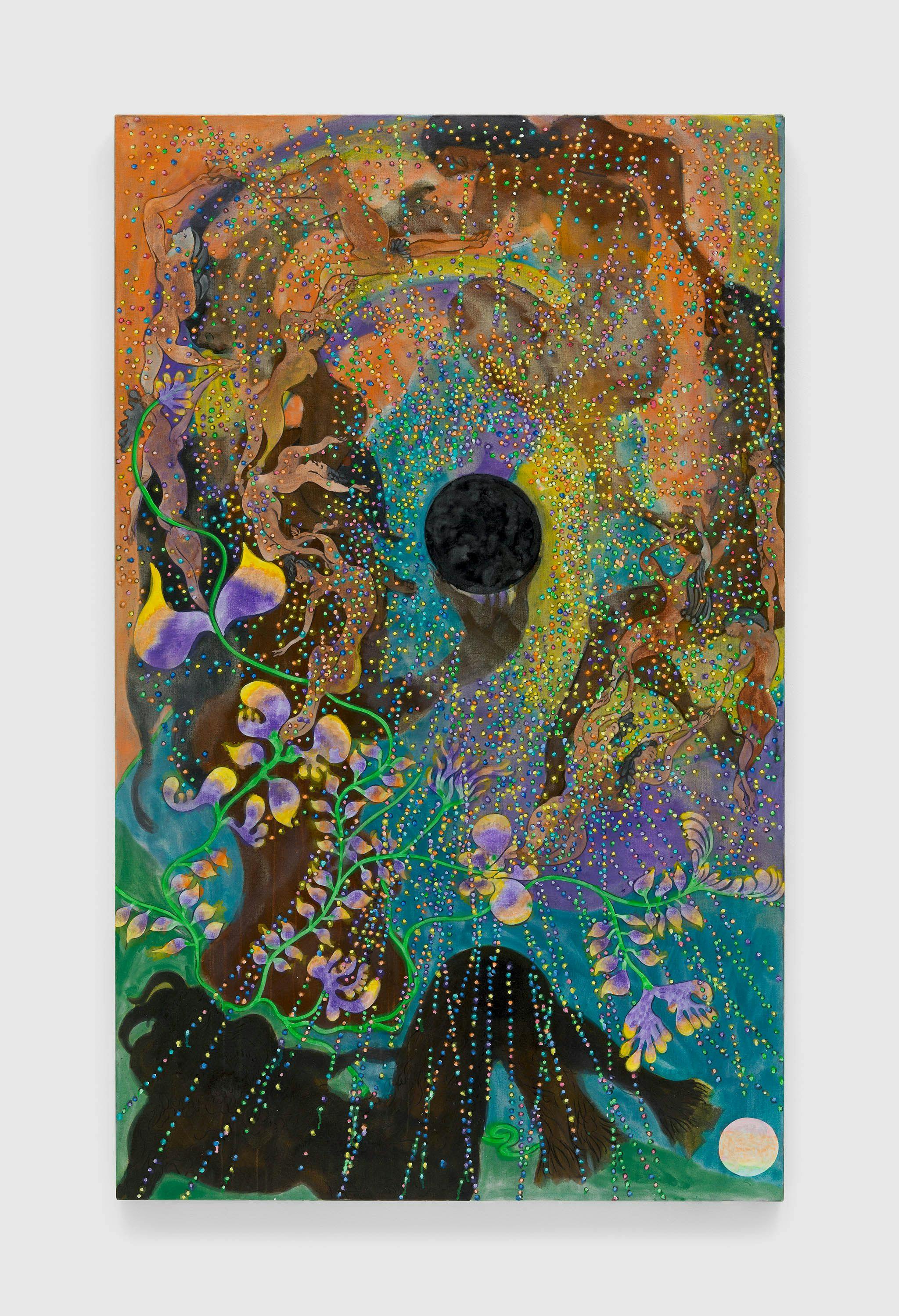 A painting by Chris Ofili, titled The Judgement of Paris - Black Planet, 2011 to 2023.